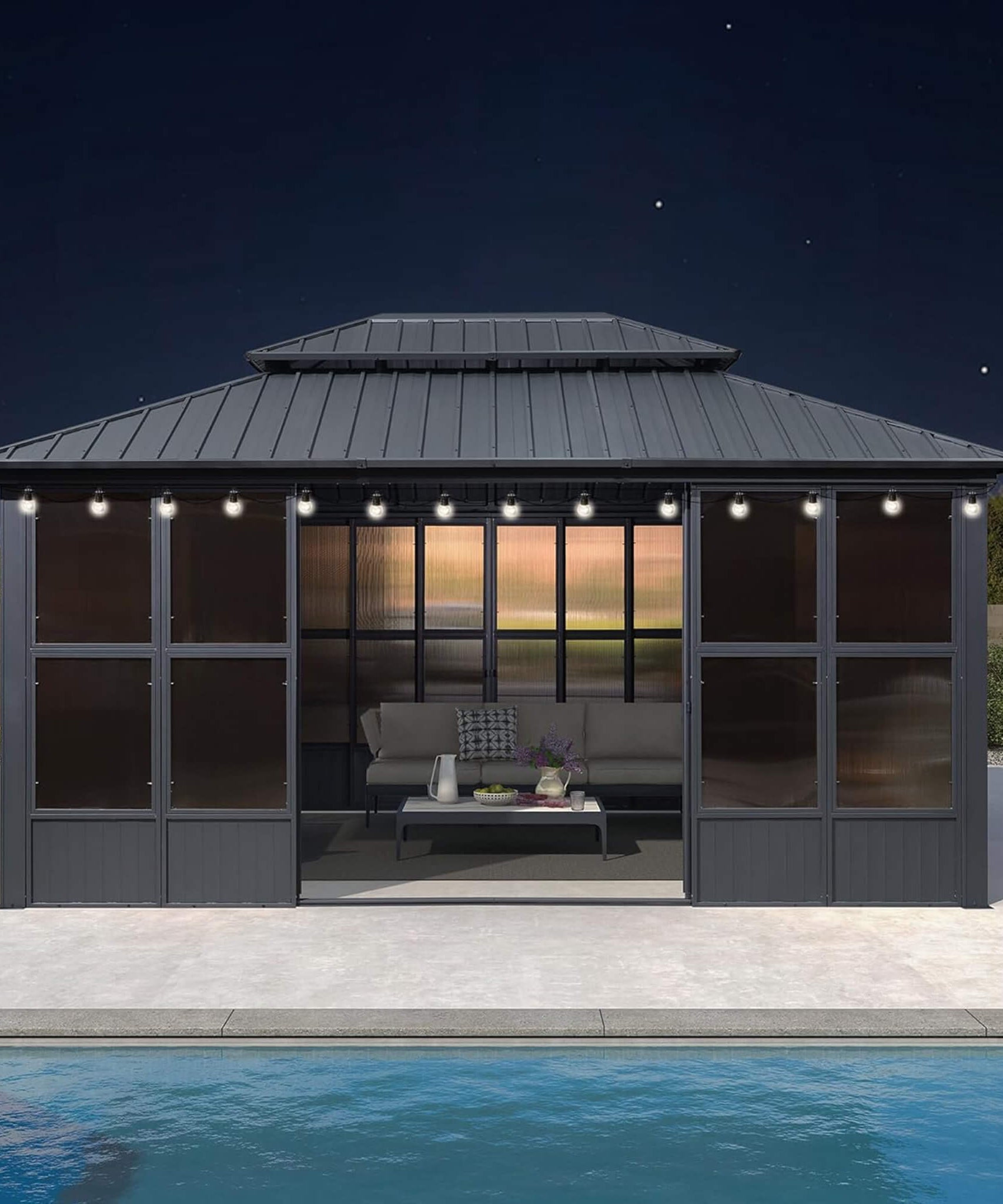 Alora Vista Outdoor Hardtop Aluminum Solarium With Double Roof And LED Lights (SAK42086)