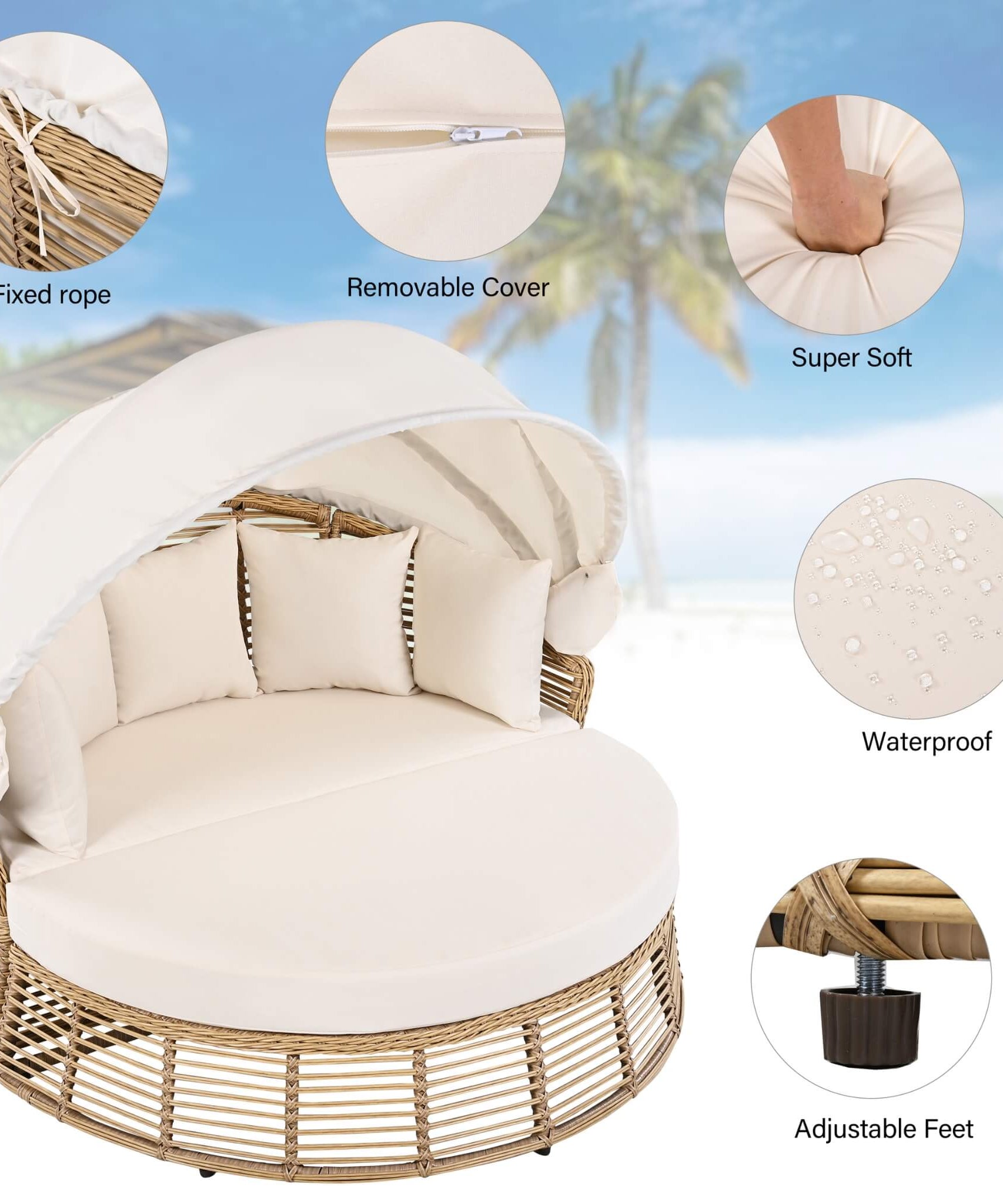 Alora 53-Inch Outdoor Patio Rattan Round Wicker Daybed With Retractable Canopy (SAK69241)