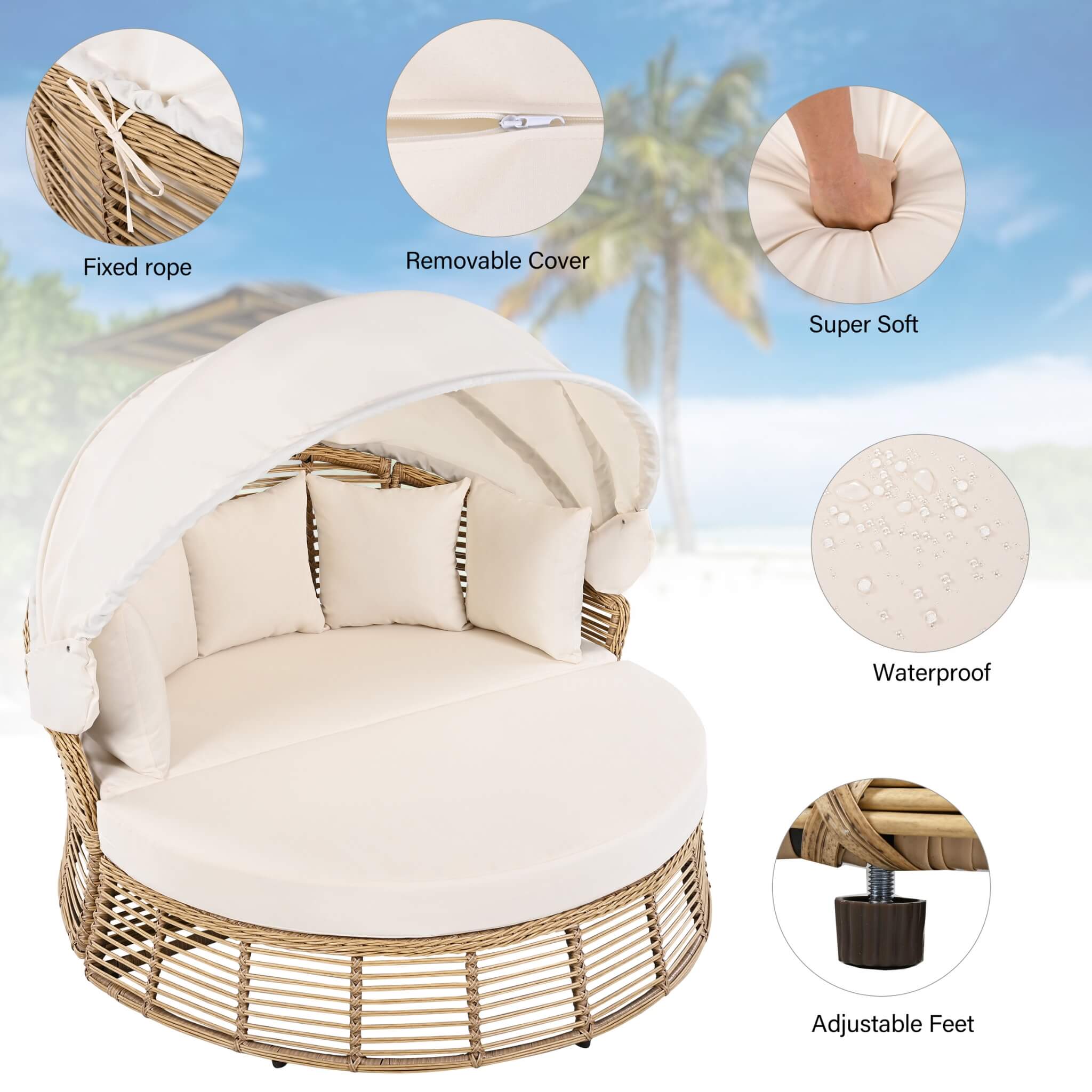 Alora 53-Inch Outdoor Patio Rattan Round Wicker Daybed With Retractable Canopy (SAK69241)