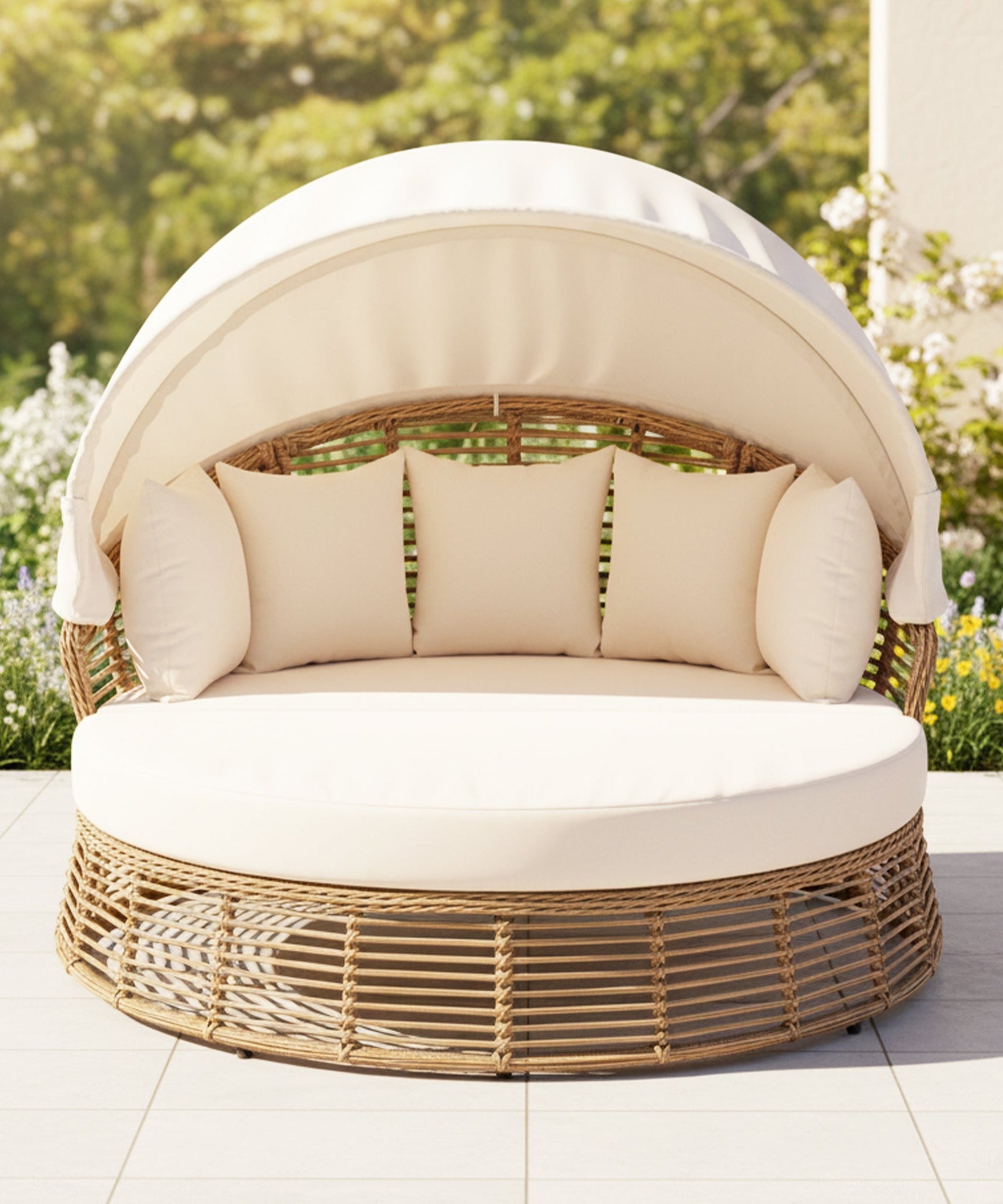 Alora 53-Inch Outdoor Patio Rattan Round Wicker Daybed With Retractable Canopy (SAK69241)