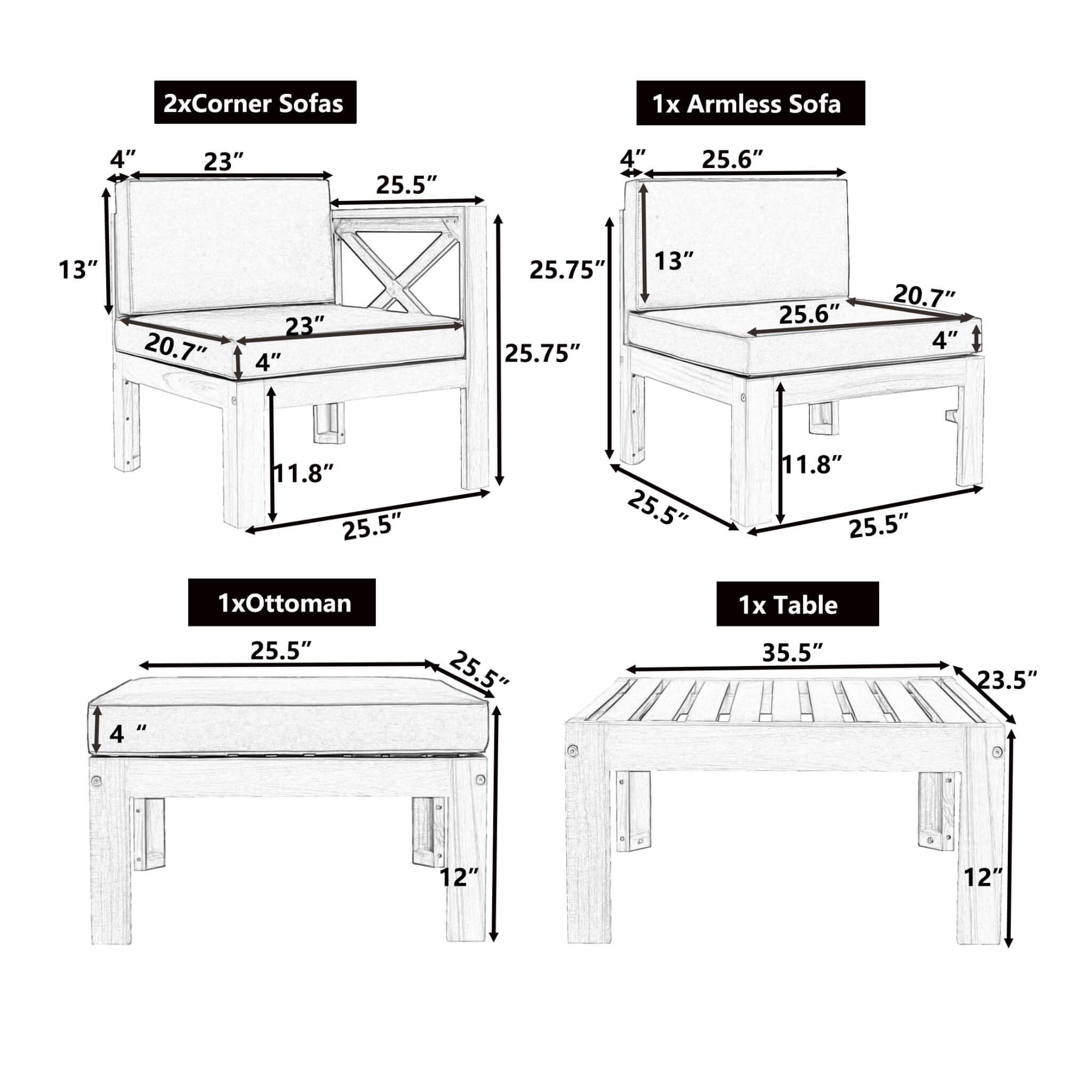 Alora 5-Piece Outdoor Patio Wood Sectional Sofa Set With Cushions (SAK31297)