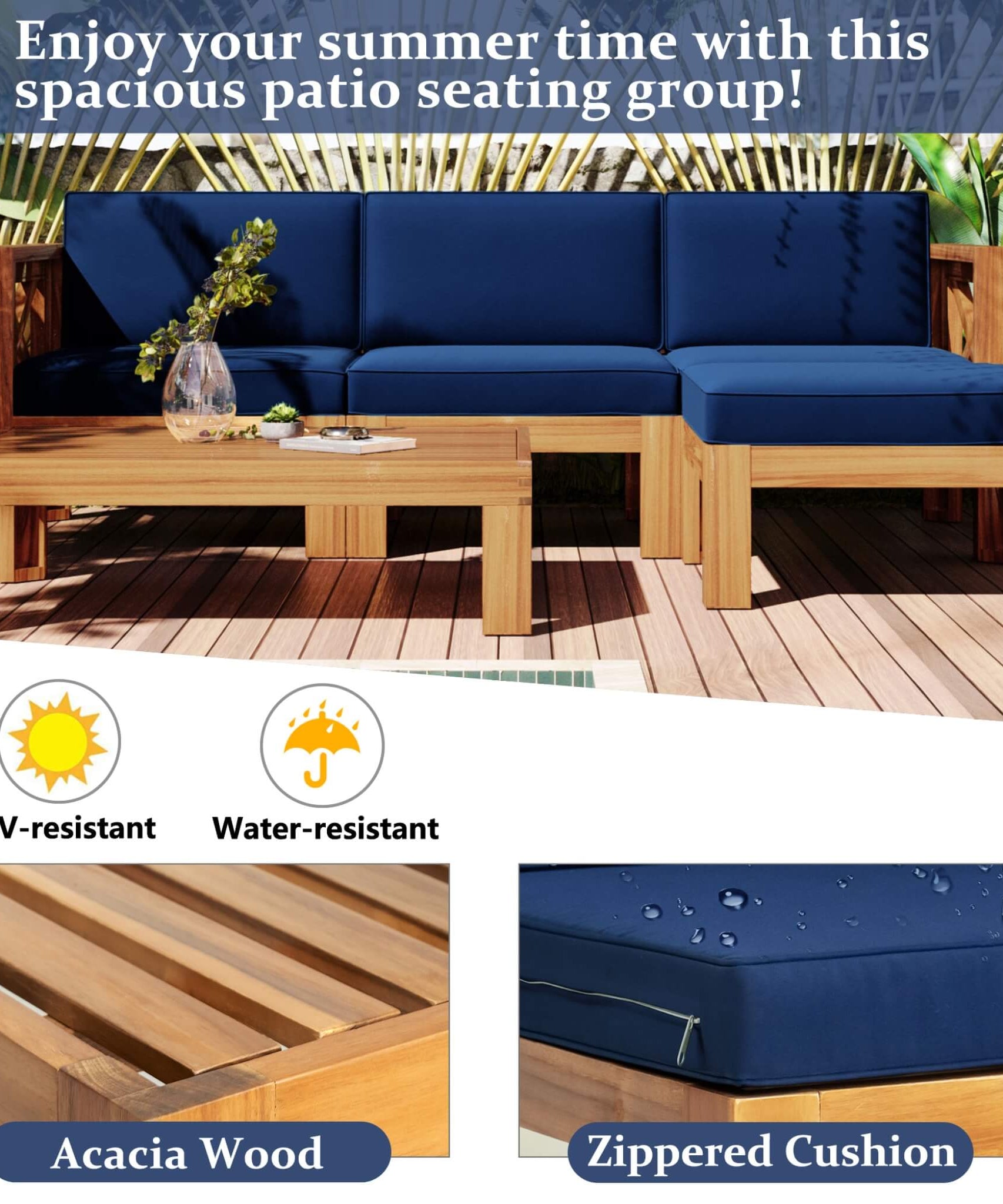 Alora 5-Piece Outdoor Patio Wood Sectional Sofa Set With Cushions (SAK31297)