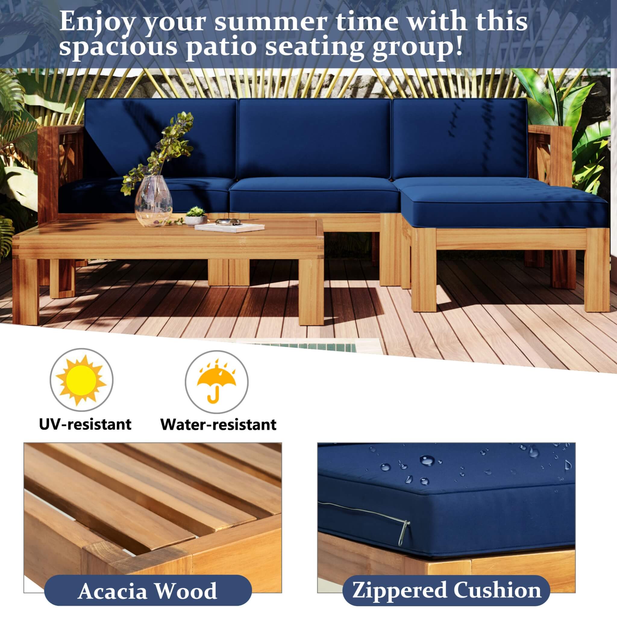Alora 5-Piece Outdoor Patio Wood Sectional Sofa Set With Cushions (SAK31297)