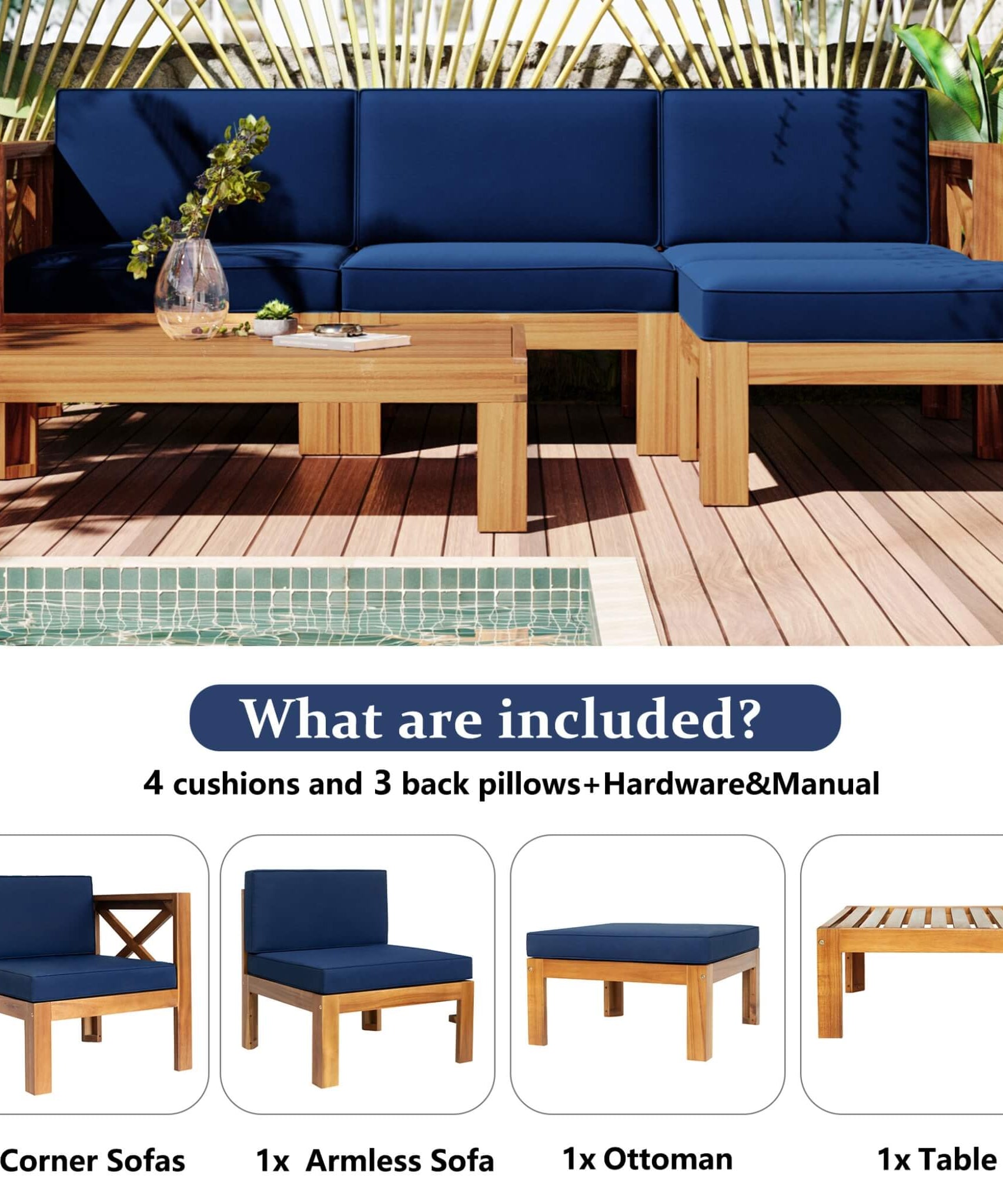 Alora 5-Piece Outdoor Patio Wood Sectional Sofa Set With Cushions (SAK31297)
