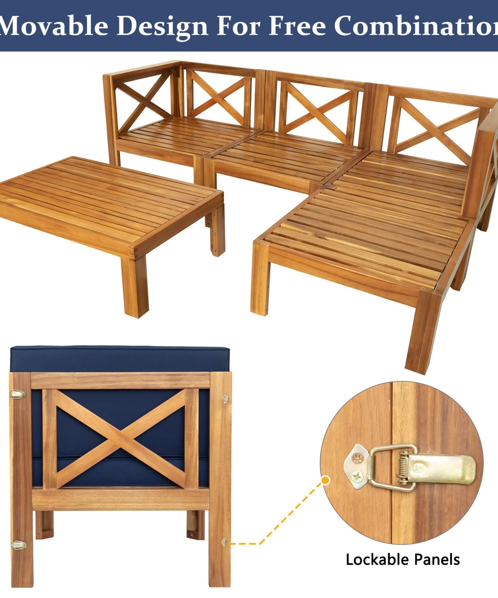 Alora 5-Piece Outdoor Patio Wood Sectional Sofa Set With Cushions (SAK31297)