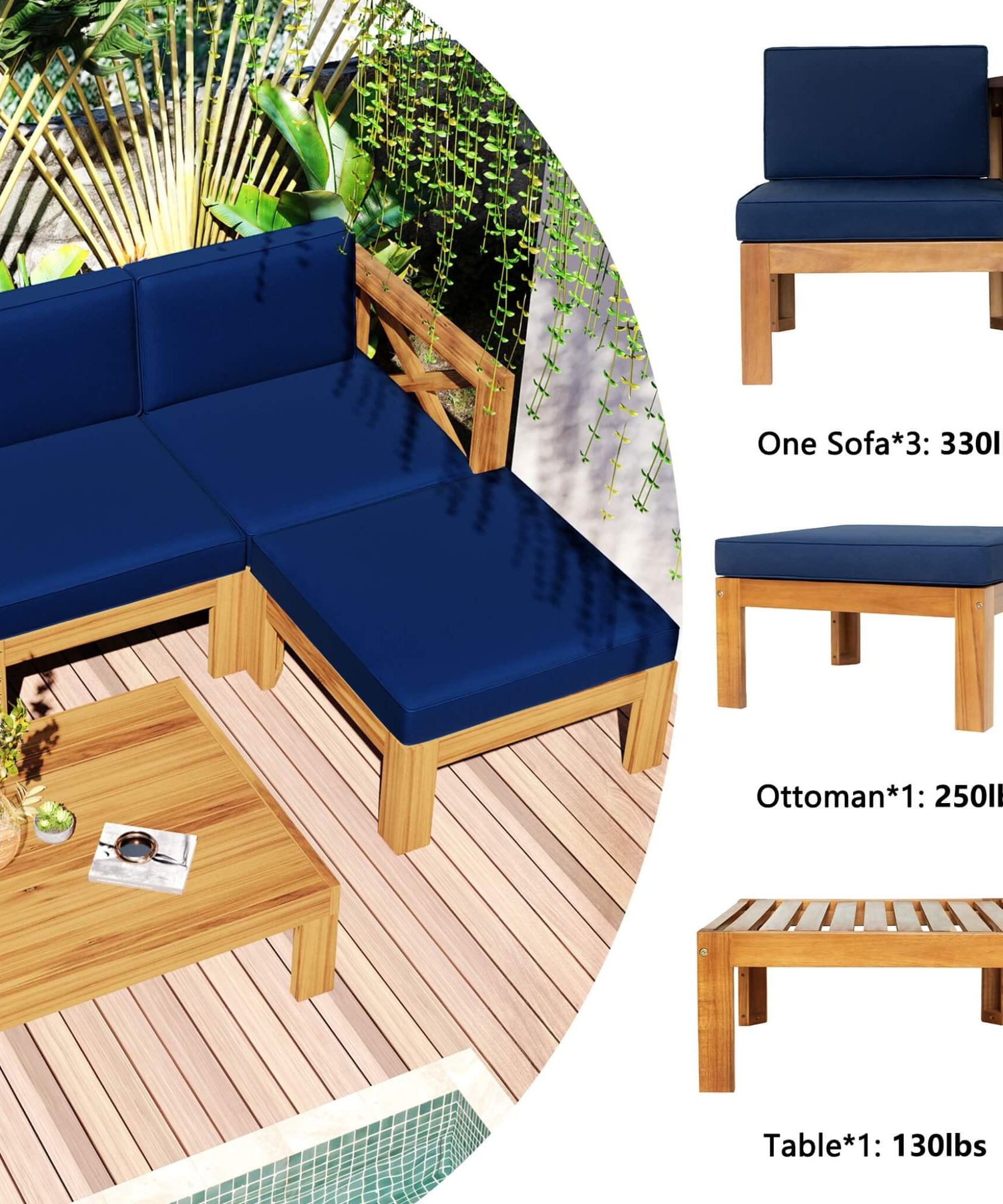 Alora 5-Piece Outdoor Patio Wood Sectional Sofa Set With Cushions (SAK31297)