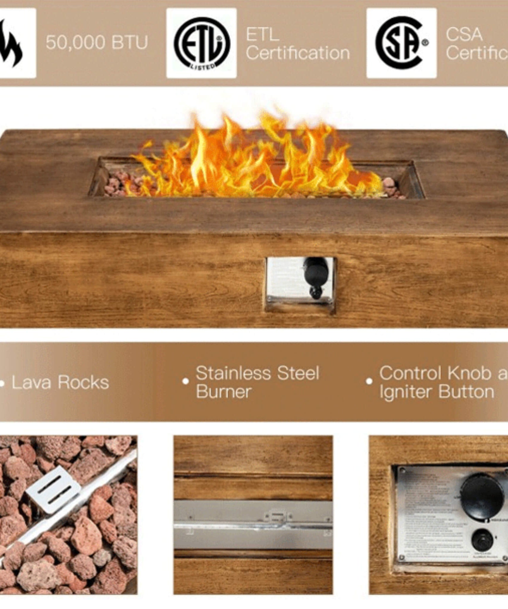Alora Outdoor Propane Gas Fire Pit Table W/ Lava Rocks & Cover, 50K BTU (SAK94436)