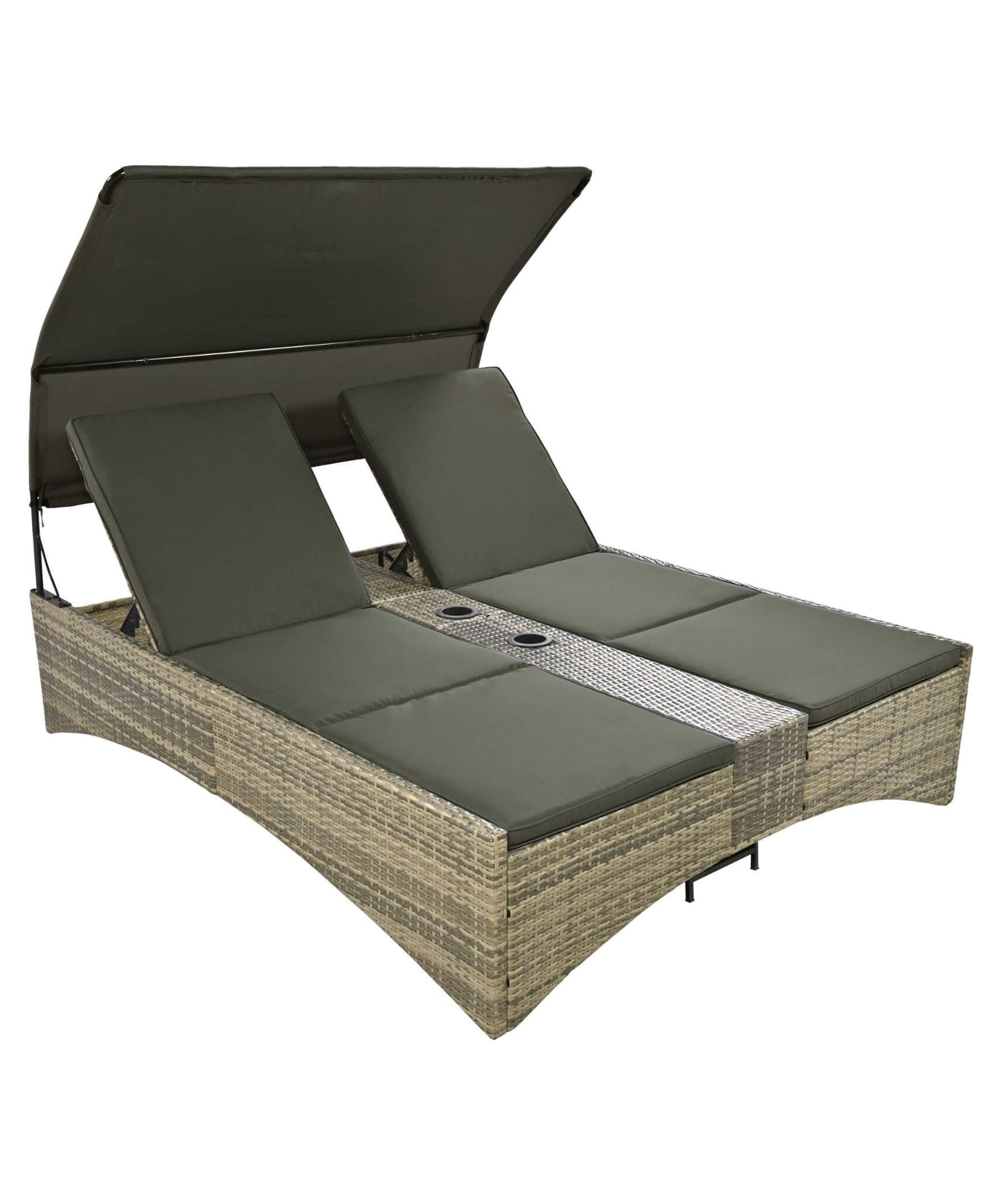 Alora Outdoor Rattan Patio Daybed With Adjustable Backrest, Canopy Roof, Storage Box And Cup Holders (SAK54220)