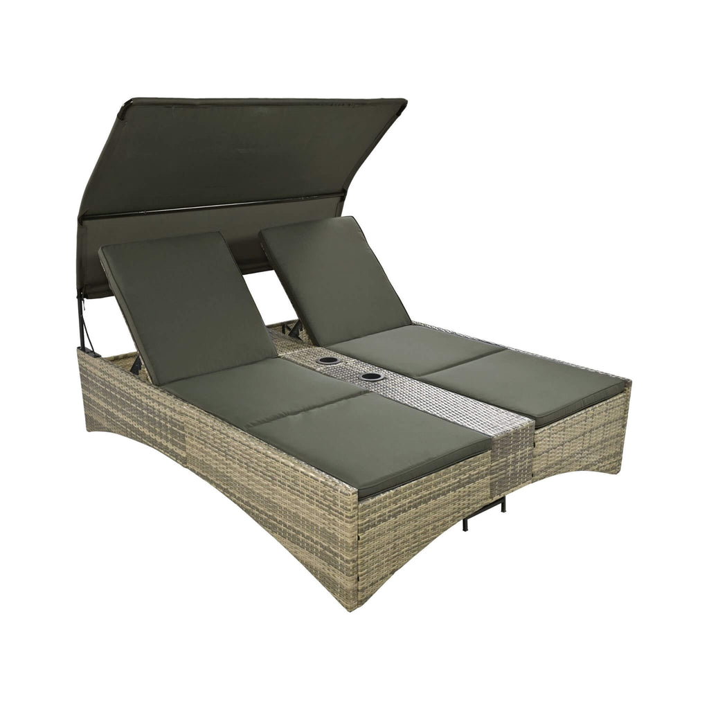 Alora Outdoor Rattan Patio Daybed With Adjustable Backrest, Canopy Roof, Storage Box And Cup Holders (SAK54220)