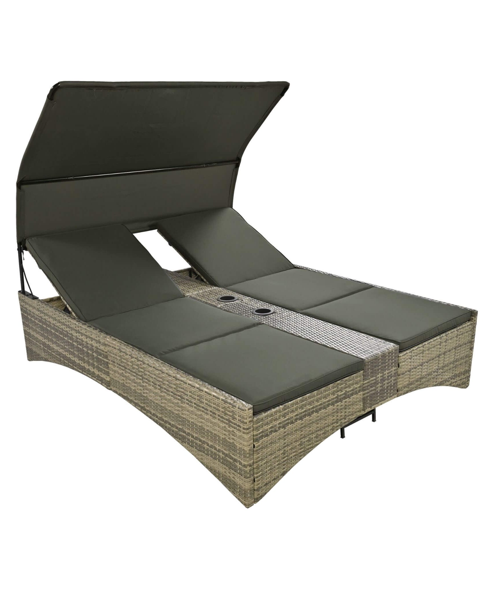 Alora Outdoor Rattan Patio Daybed With Adjustable Backrest, Canopy Roof, Storage Box And Cup Holders (SAK54220)