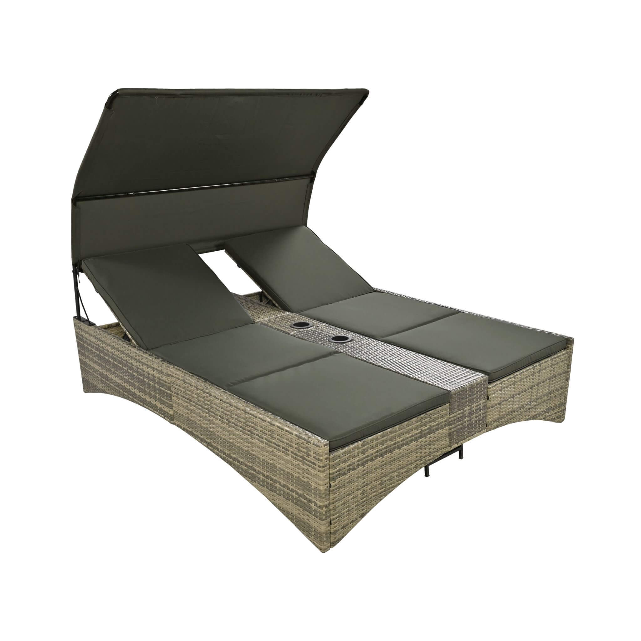 Alora Outdoor Rattan Patio Daybed With Adjustable Backrest, Canopy Roof, Storage Box And Cup Holders (SAK54220)