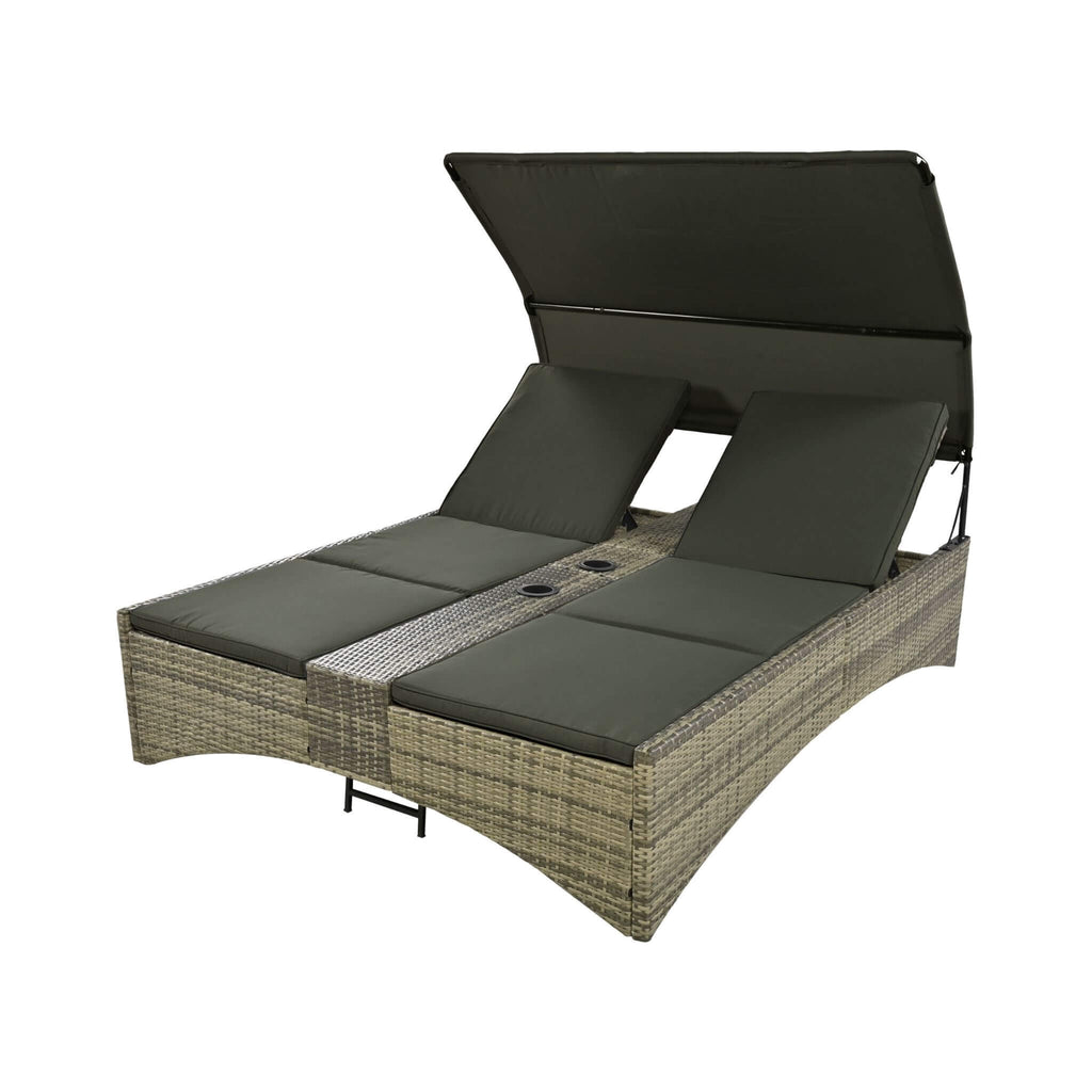 Alora Outdoor Rattan Patio Daybed With Adjustable Backrest, Canopy Roof, Storage Box And Cup Holders (SAK54220)