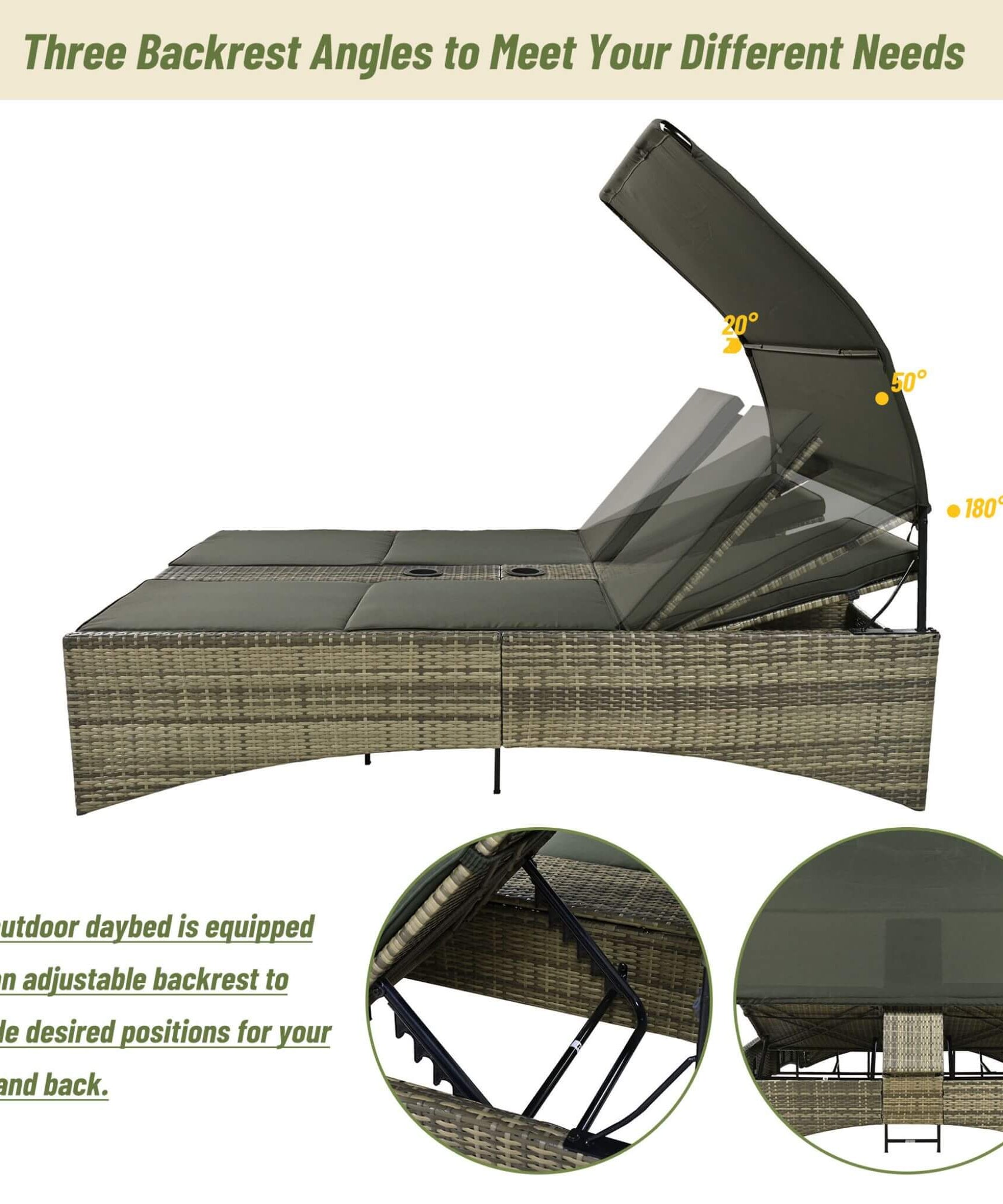 Alora Outdoor Rattan Patio Daybed With Adjustable Backrest, Canopy Roof, Storage Box And Cup Holders (SAK54220)