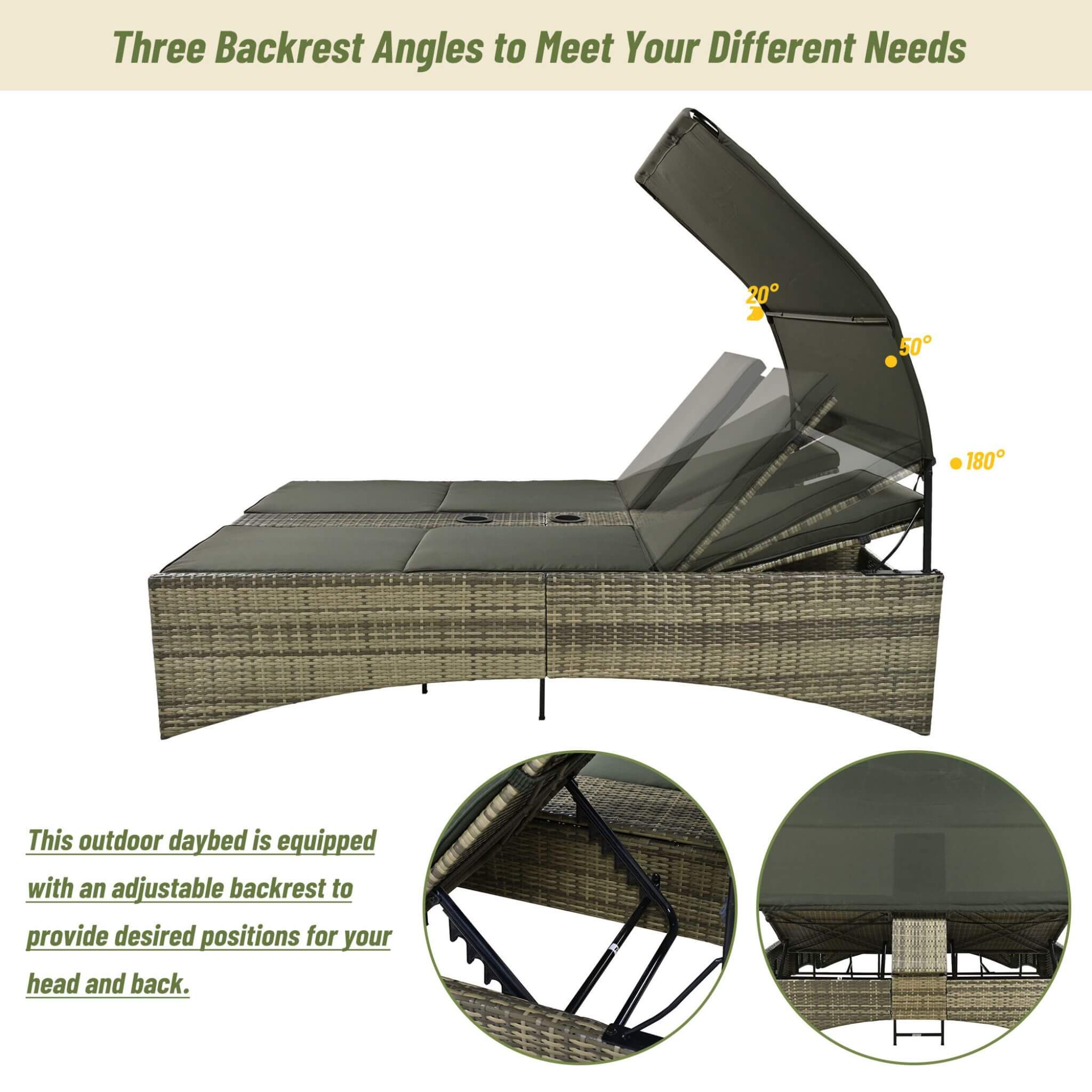 Alora Outdoor Rattan Patio Daybed With Adjustable Backrest, Canopy Roof, Storage Box And Cup Holders (SAK54220)