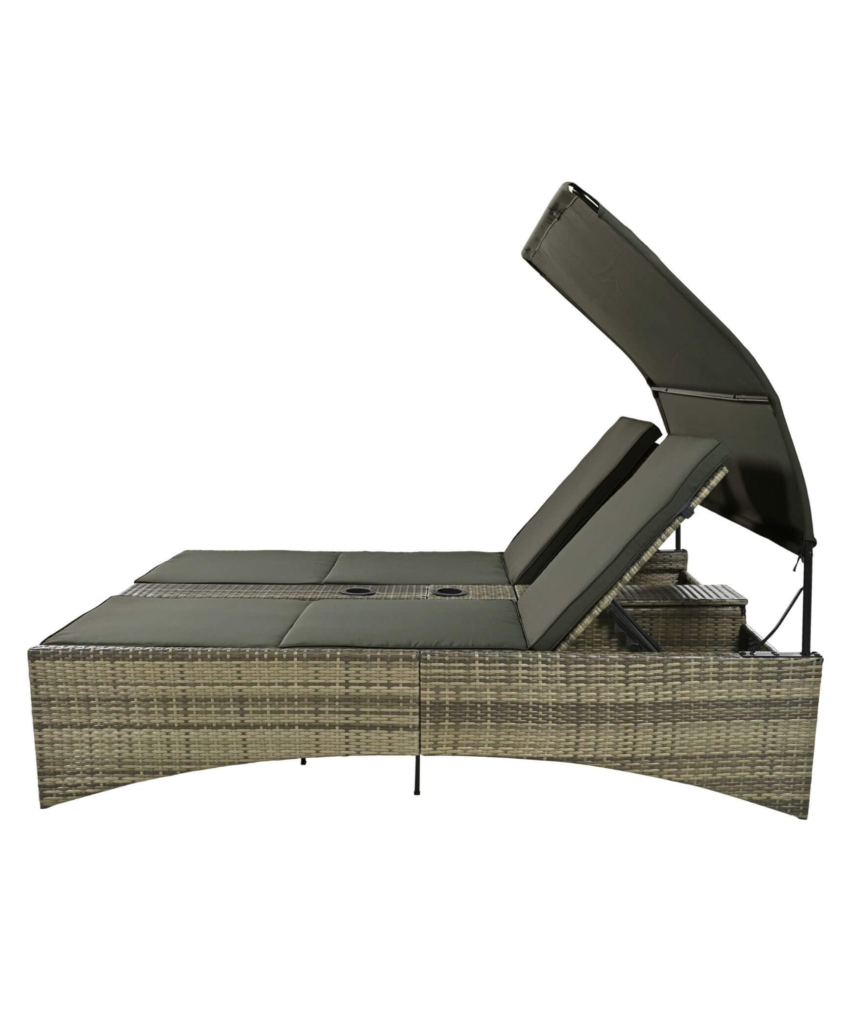 Alora Outdoor Rattan Patio Daybed With Adjustable Backrest, Canopy Roof, Storage Box And Cup Holders (SAK54220)