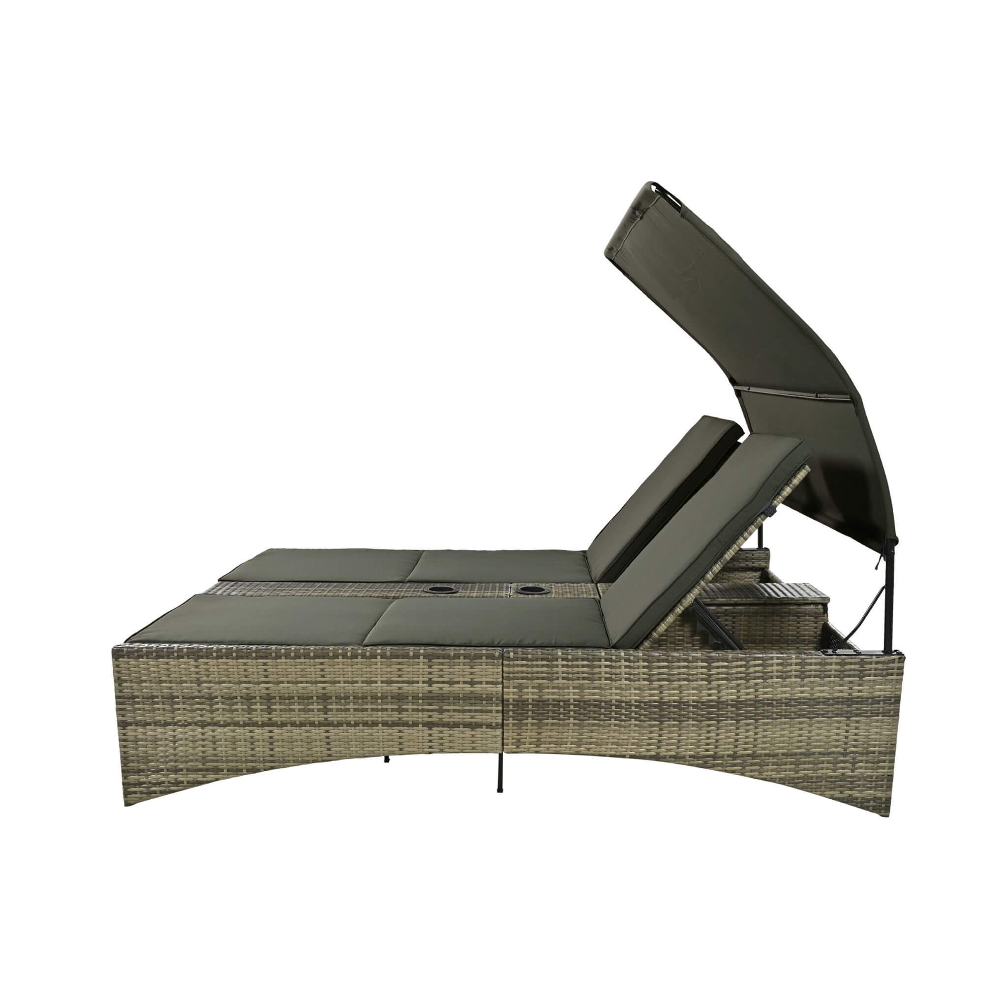 Alora Outdoor Rattan Patio Daybed With Adjustable Backrest, Canopy Roof, Storage Box And Cup Holders (SAK54220)