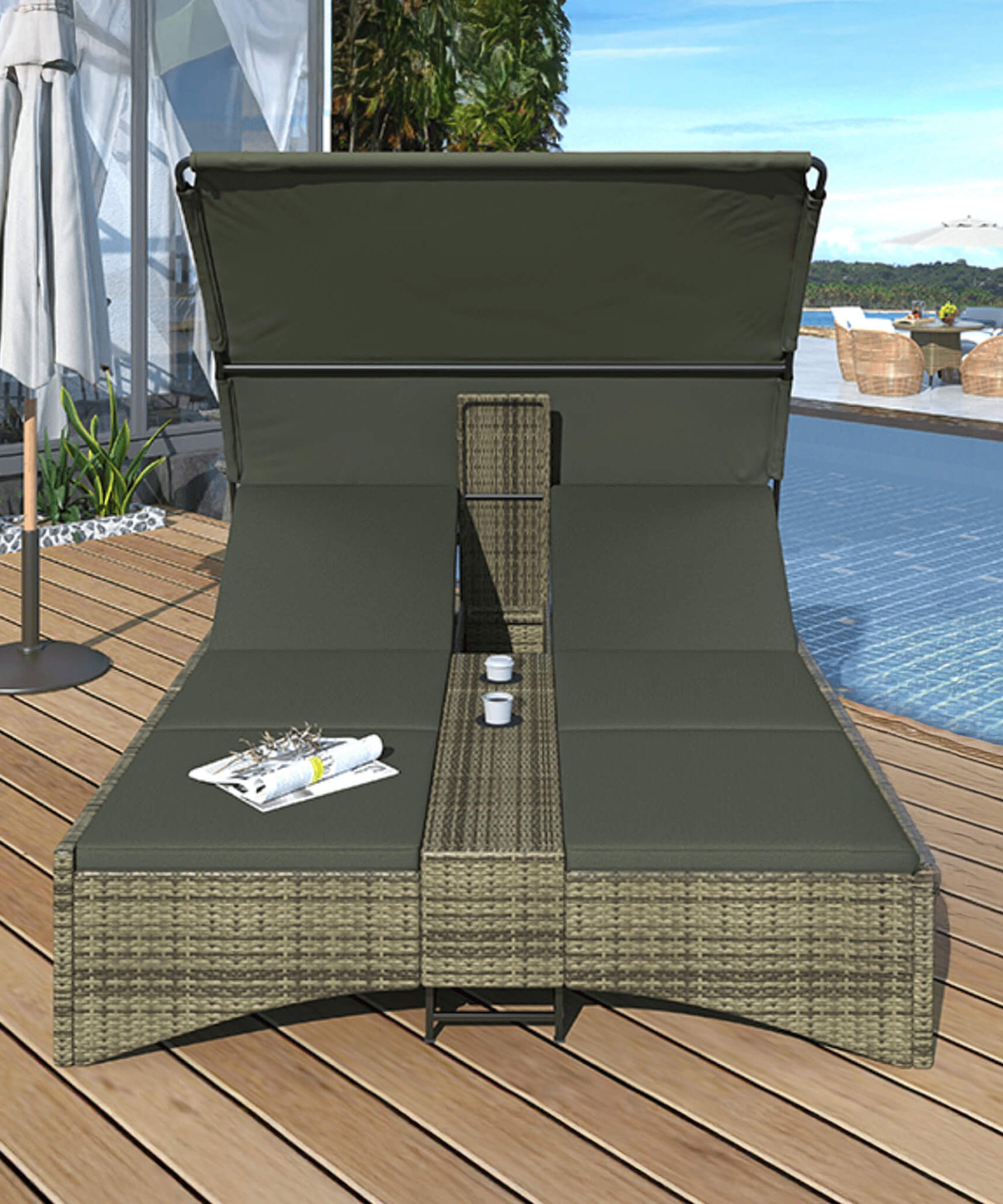 Alora Outdoor Rattan Patio Daybed With Adjustable Backrest, Canopy Roof, Storage Box And Cup Holders (SAK54220)