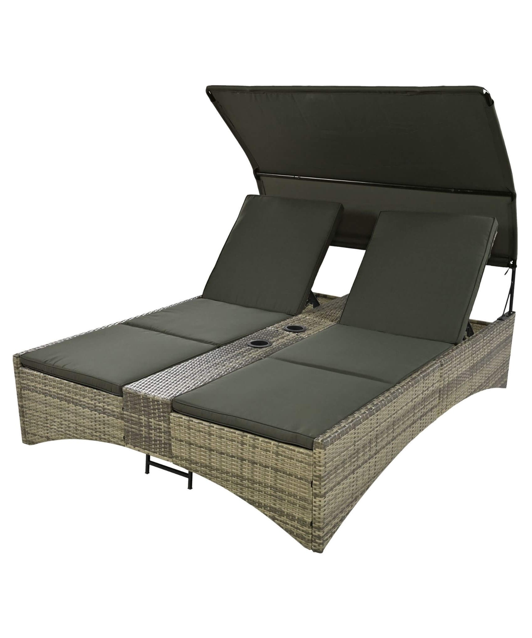 Alora Outdoor Rattan Patio Daybed With Adjustable Backrest, Canopy Roof, Storage Box And Cup Holders (SAK54220)