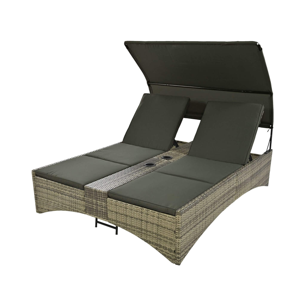 Alora Outdoor Rattan Patio Daybed With Adjustable Backrest, Canopy Roof, Storage Box And Cup Holders (SAK54220)