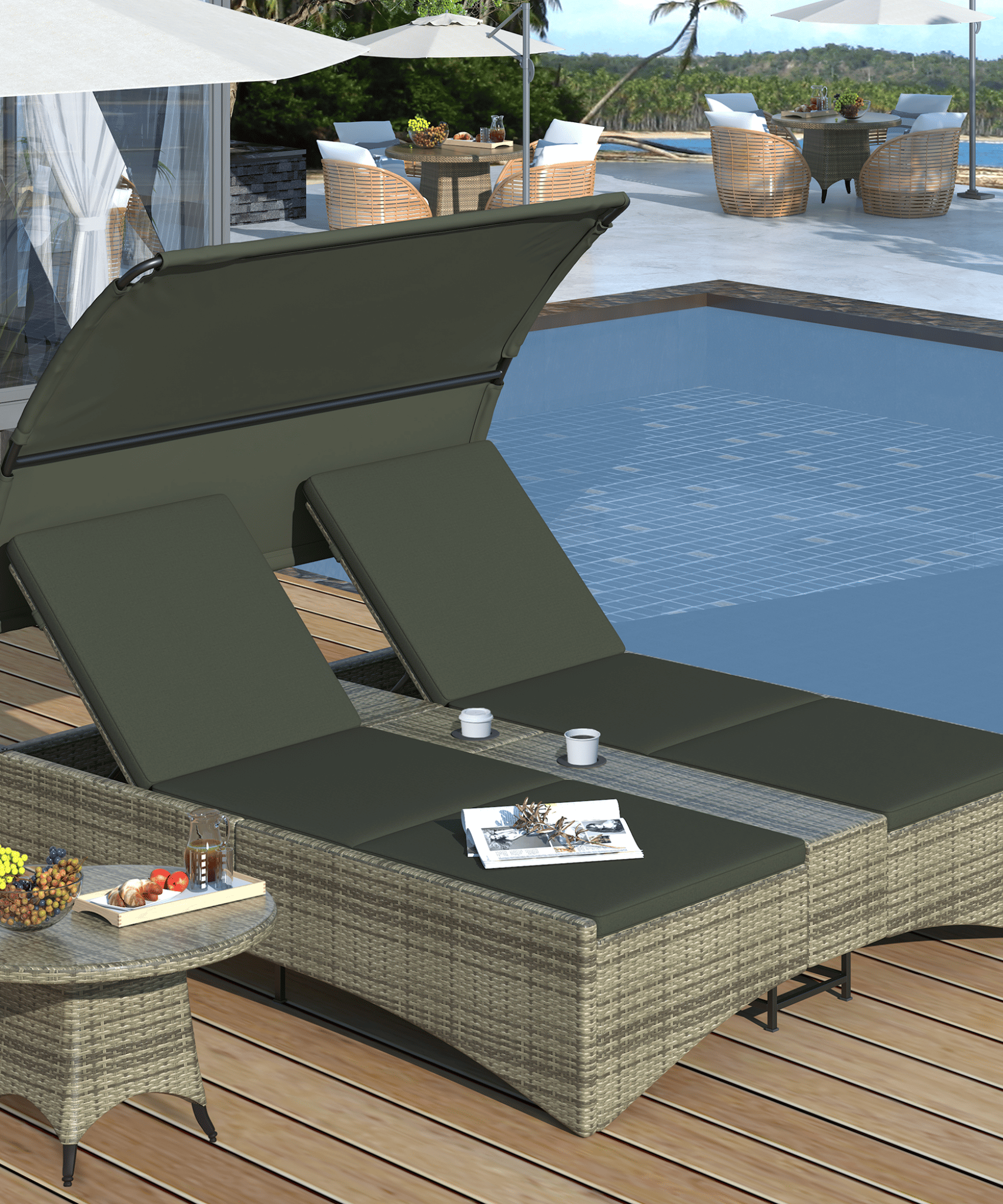 Alora Outdoor Rattan Patio Daybed With Adjustable Backrest, Canopy Roof, Storage Box And Cup Holders (SAK54220)