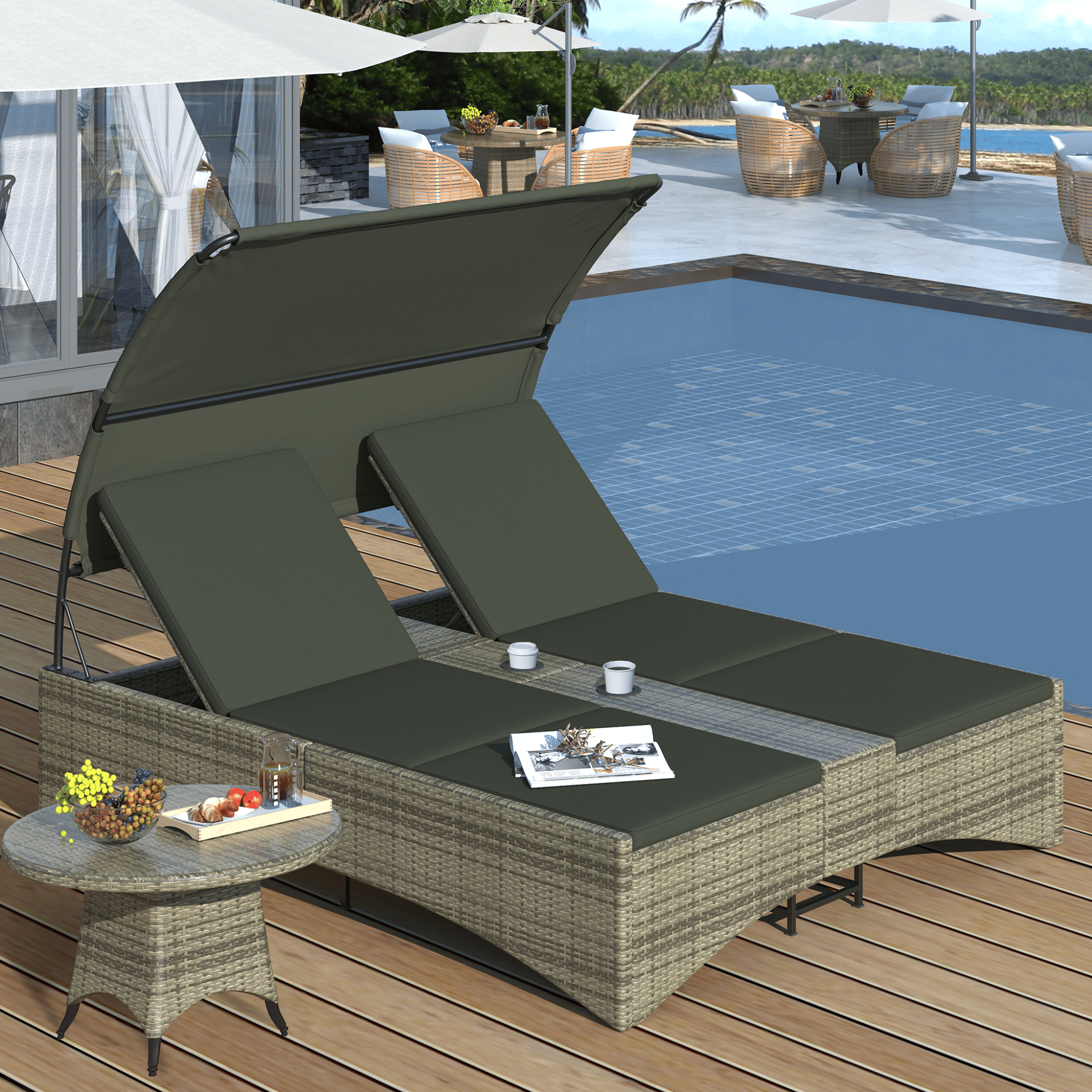 Alora Outdoor Rattan Patio Daybed With Adjustable Backrest, Canopy Roof, Storage Box And Cup Holders (SAK54220)