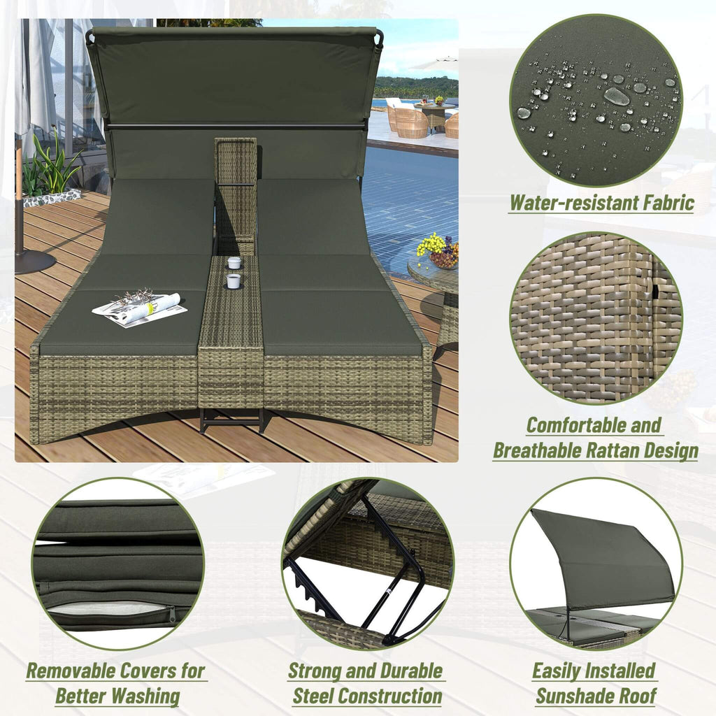 Alora Outdoor Rattan Patio Daybed With Adjustable Backrest, Canopy Roof, Storage Box And Cup Holders (SAK54220)