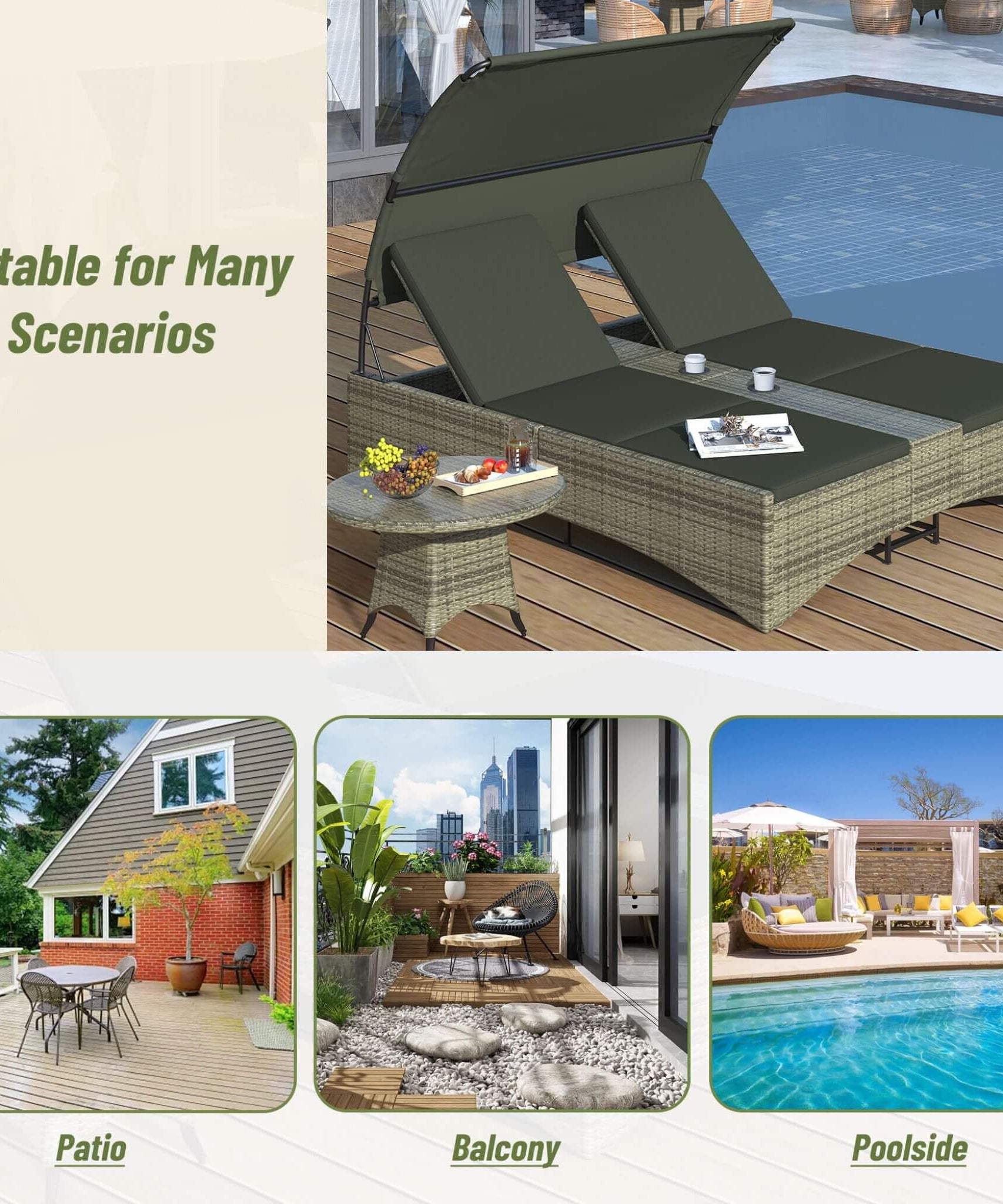 Alora Outdoor Rattan Patio Daybed With Adjustable Backrest, Canopy Roof, Storage Box And Cup Holders (SAK54220)