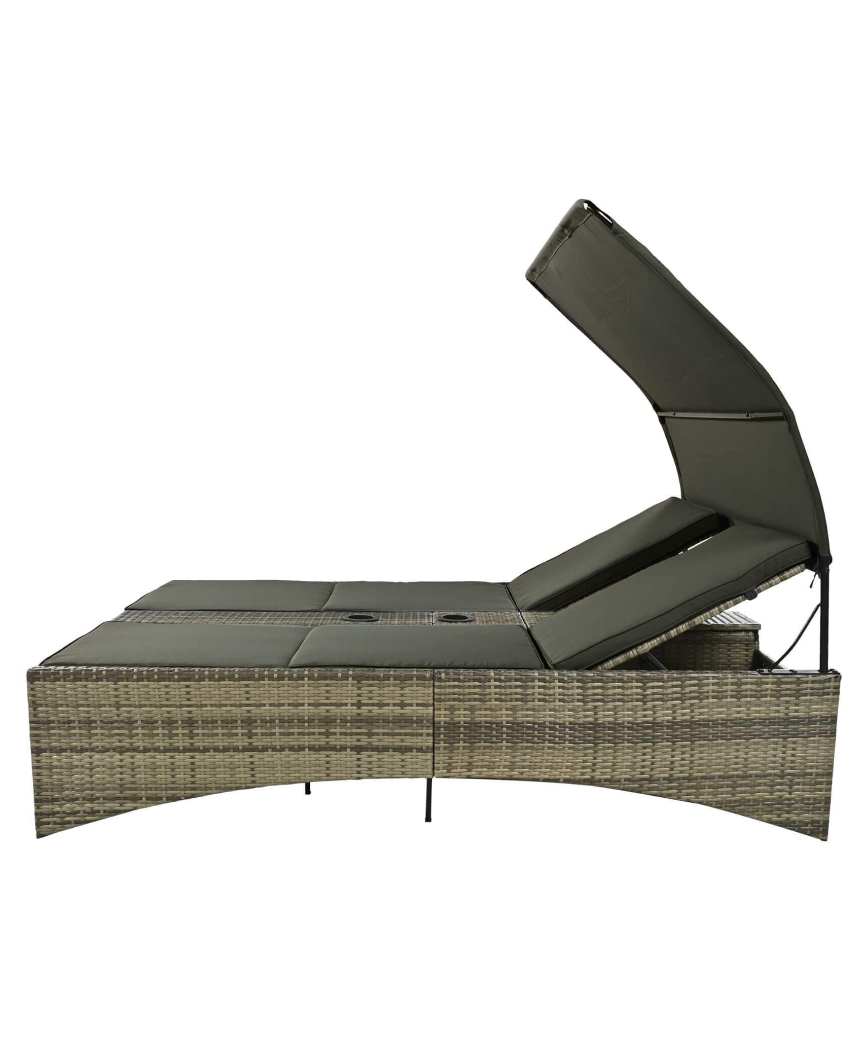 Alora Outdoor Rattan Patio Daybed With Adjustable Backrest, Canopy Roof, Storage Box And Cup Holders (SAK54220)