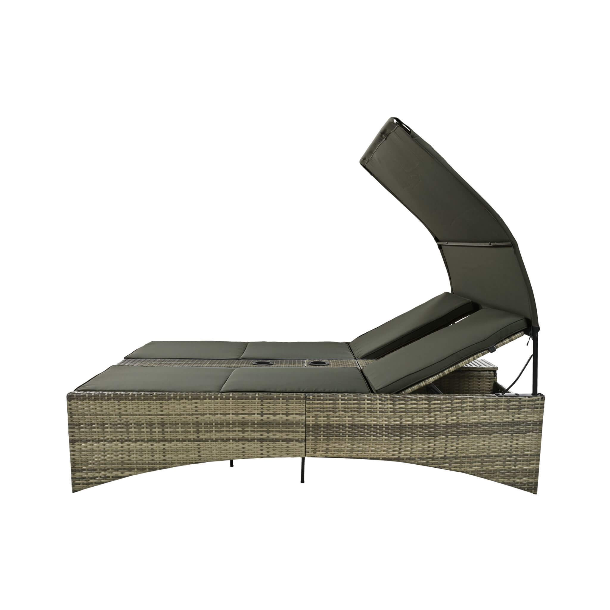 Alora Outdoor Rattan Patio Daybed With Adjustable Backrest, Canopy Roof, Storage Box And Cup Holders (SAK54220)