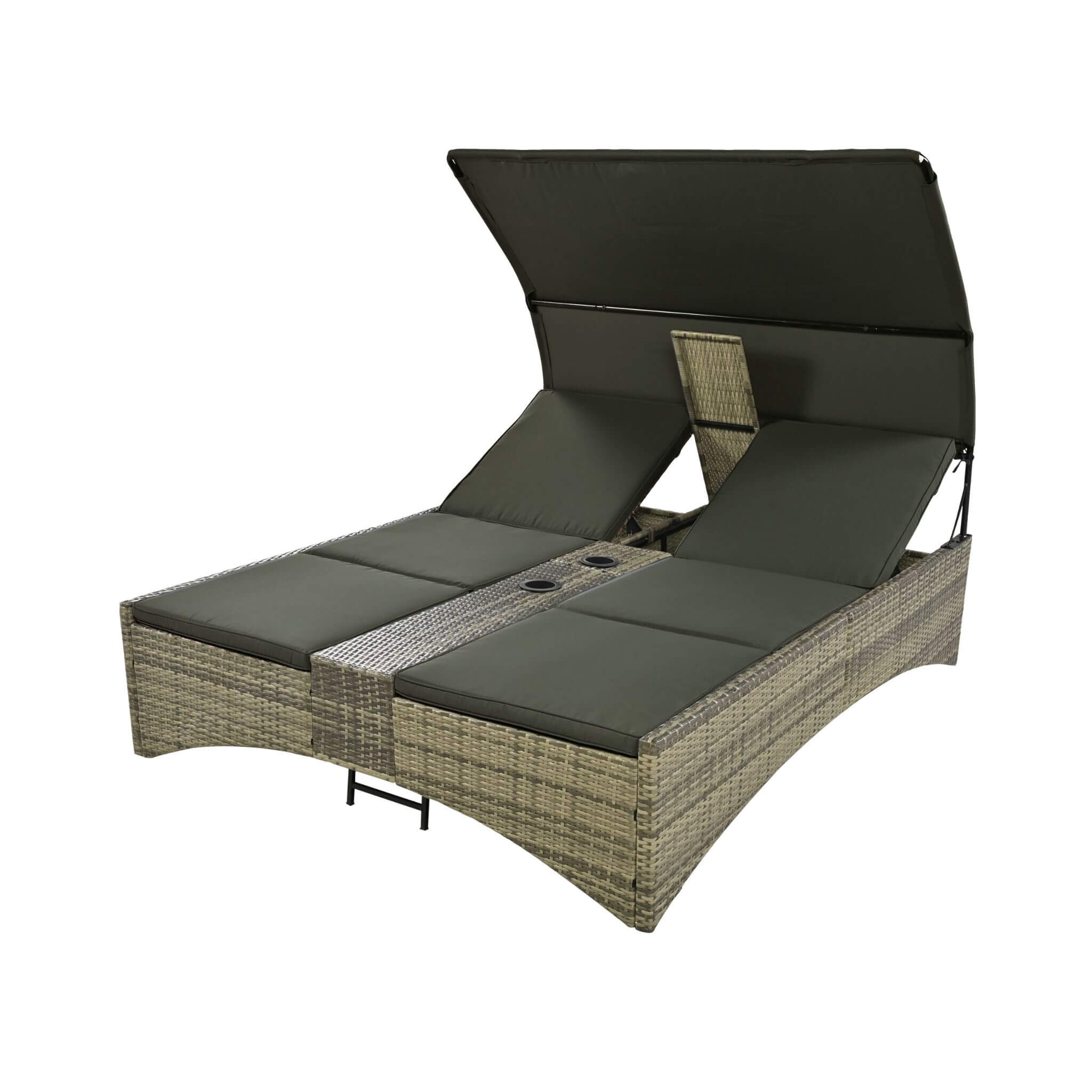 Alora Outdoor Rattan Patio Daybed With Adjustable Backrest, Canopy Roof, Storage Box And Cup Holders (SAK54220)