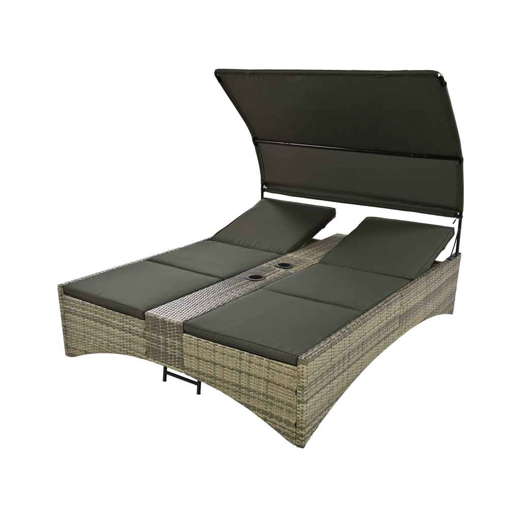 Alora Outdoor Rattan Patio Daybed With Adjustable Backrest, Canopy Roof, Storage Box And Cup Holders (SAK54220)
