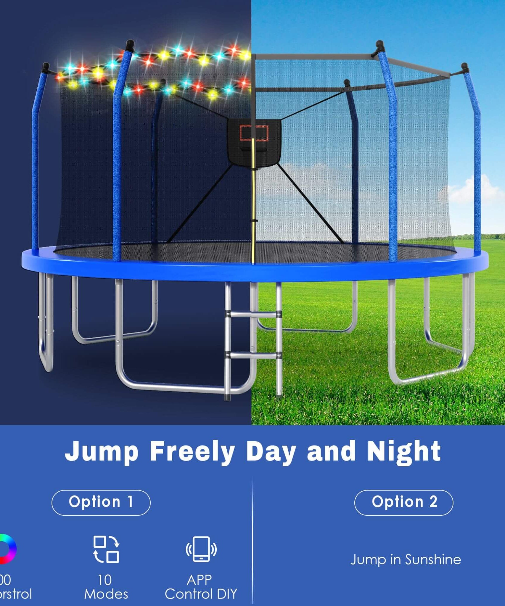Outdoor Trampoline With LED Lights And Basketball Hoop (SAK69305)