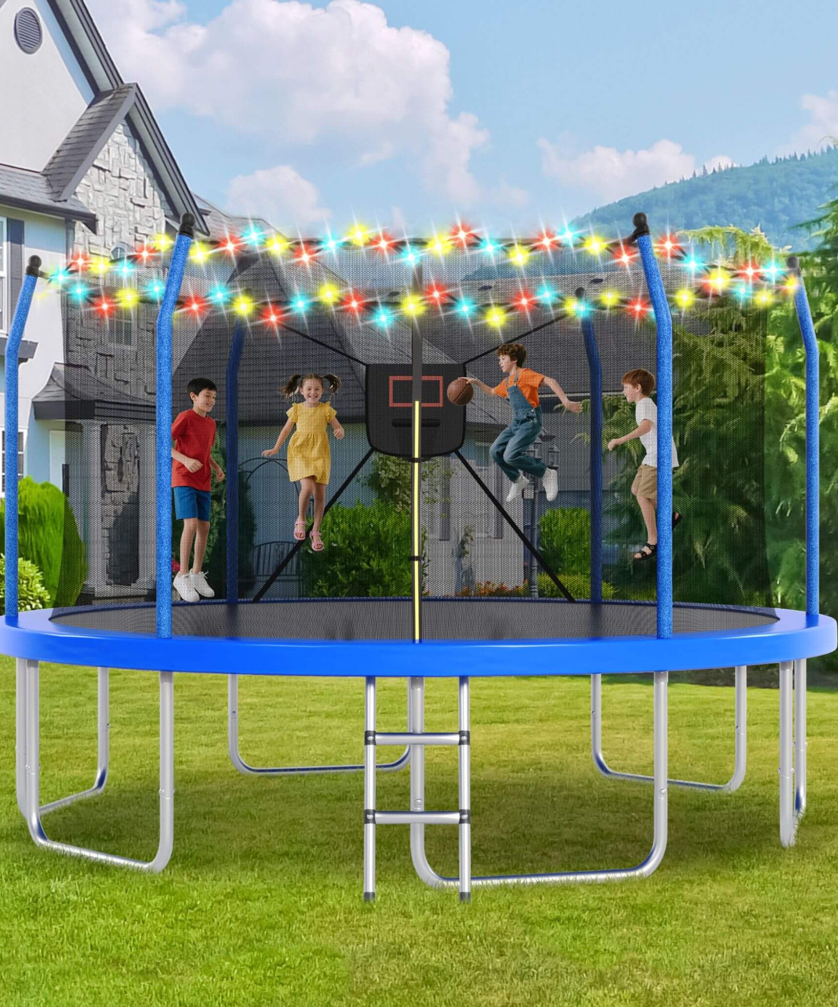 Outdoor Trampoline With LED Lights And Basketball Hoop (SAK69305)