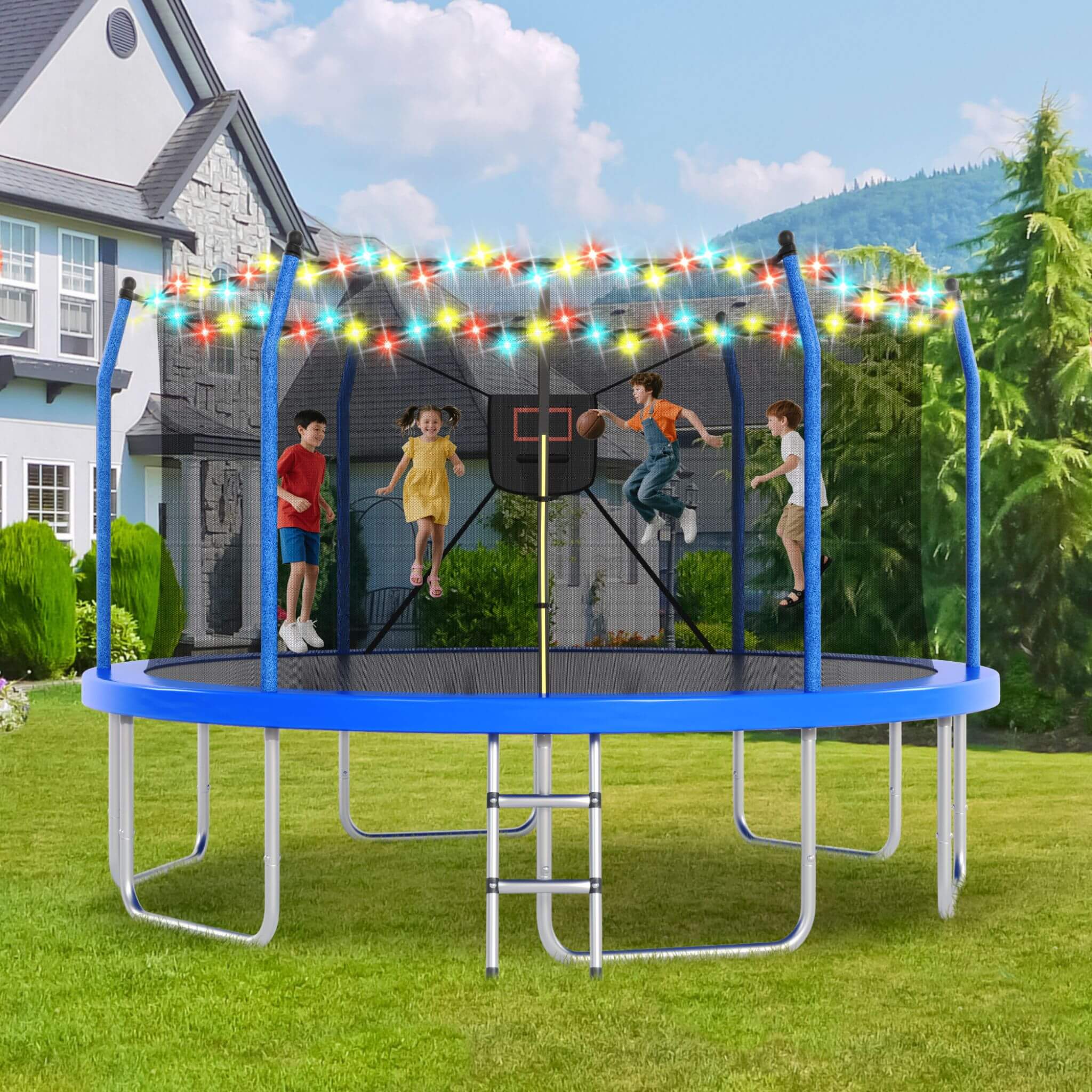 Outdoor Trampoline With LED Lights And Basketball Hoop (SAK69305)