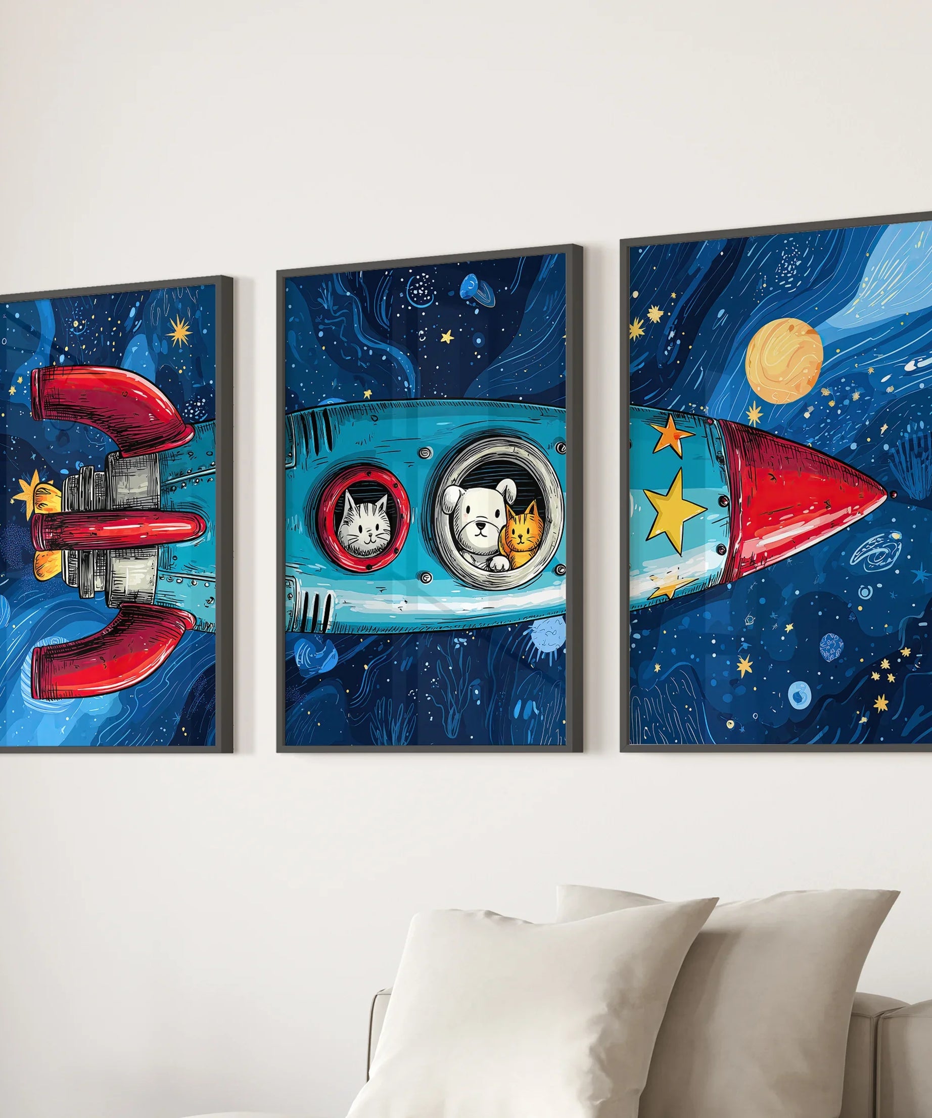 Outer Space Kids Wall Art. Rocket and Stars Nursery Prints