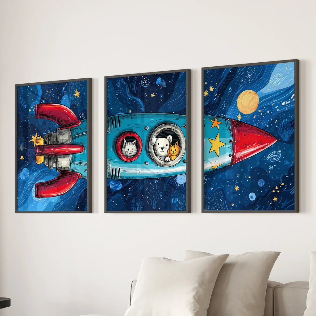 Outer Space Kids Wall Art. Rocket and Stars Nursery Prints