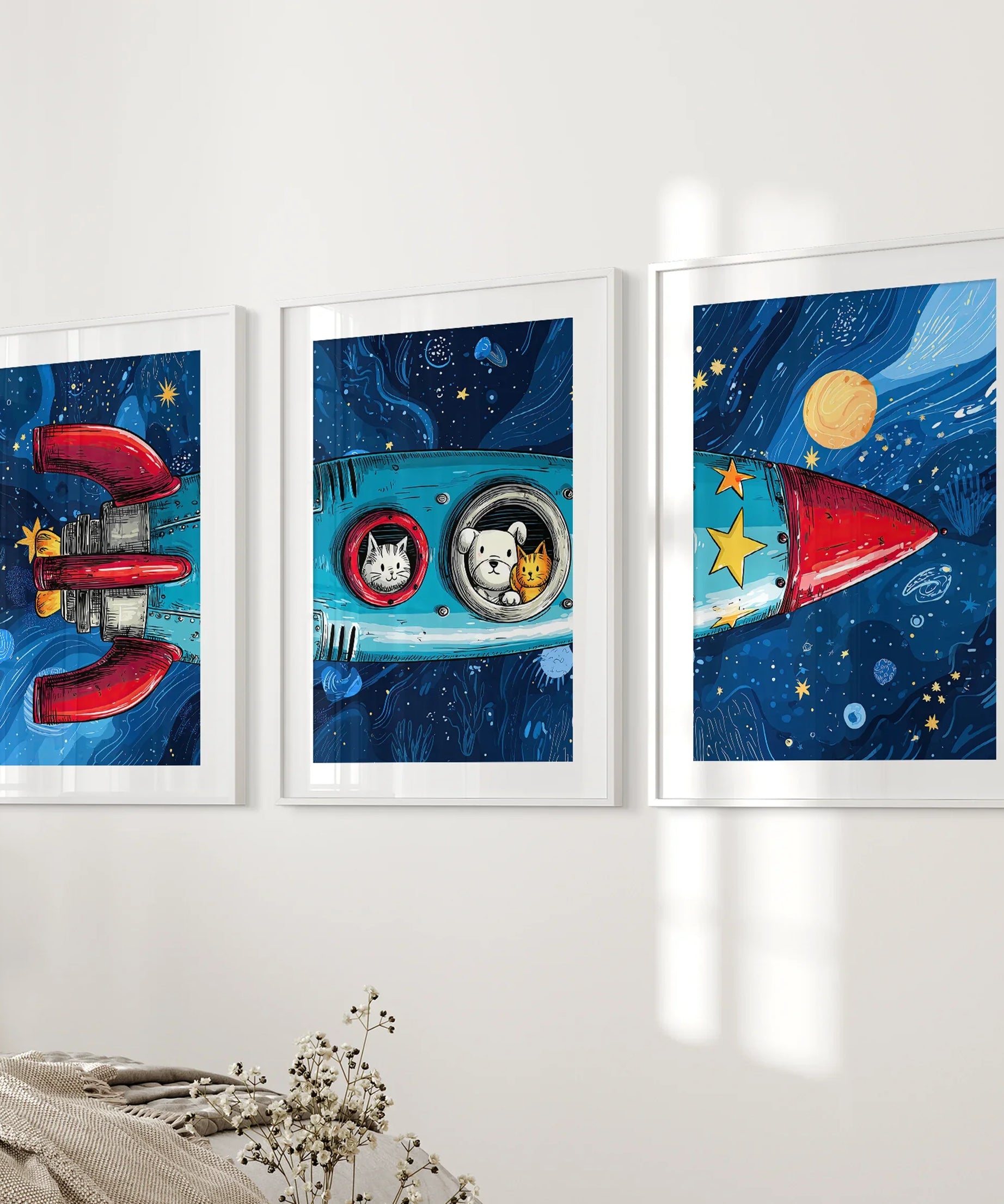 Outer Space Kids Wall Art. Rocket and Stars Nursery Prints
