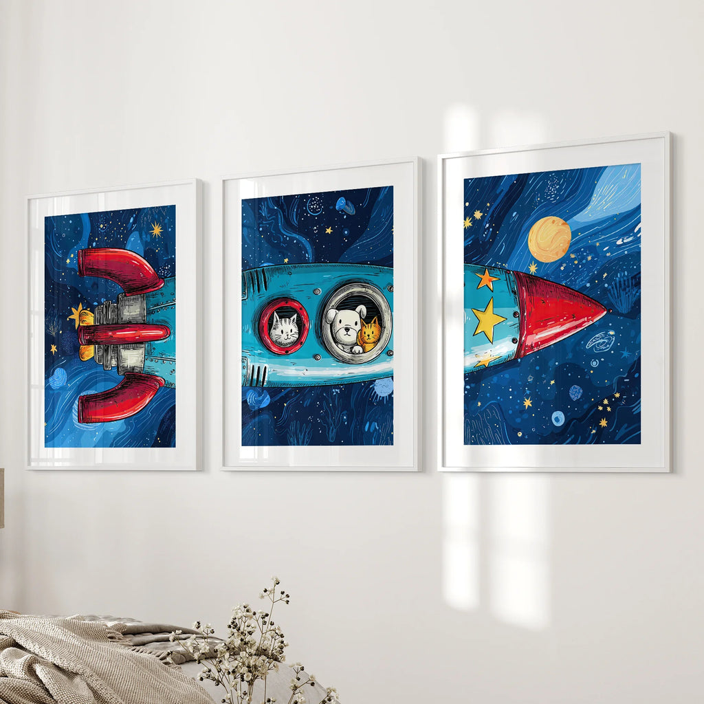 Outer Space Kids Wall Art. Rocket and Stars Nursery Prints