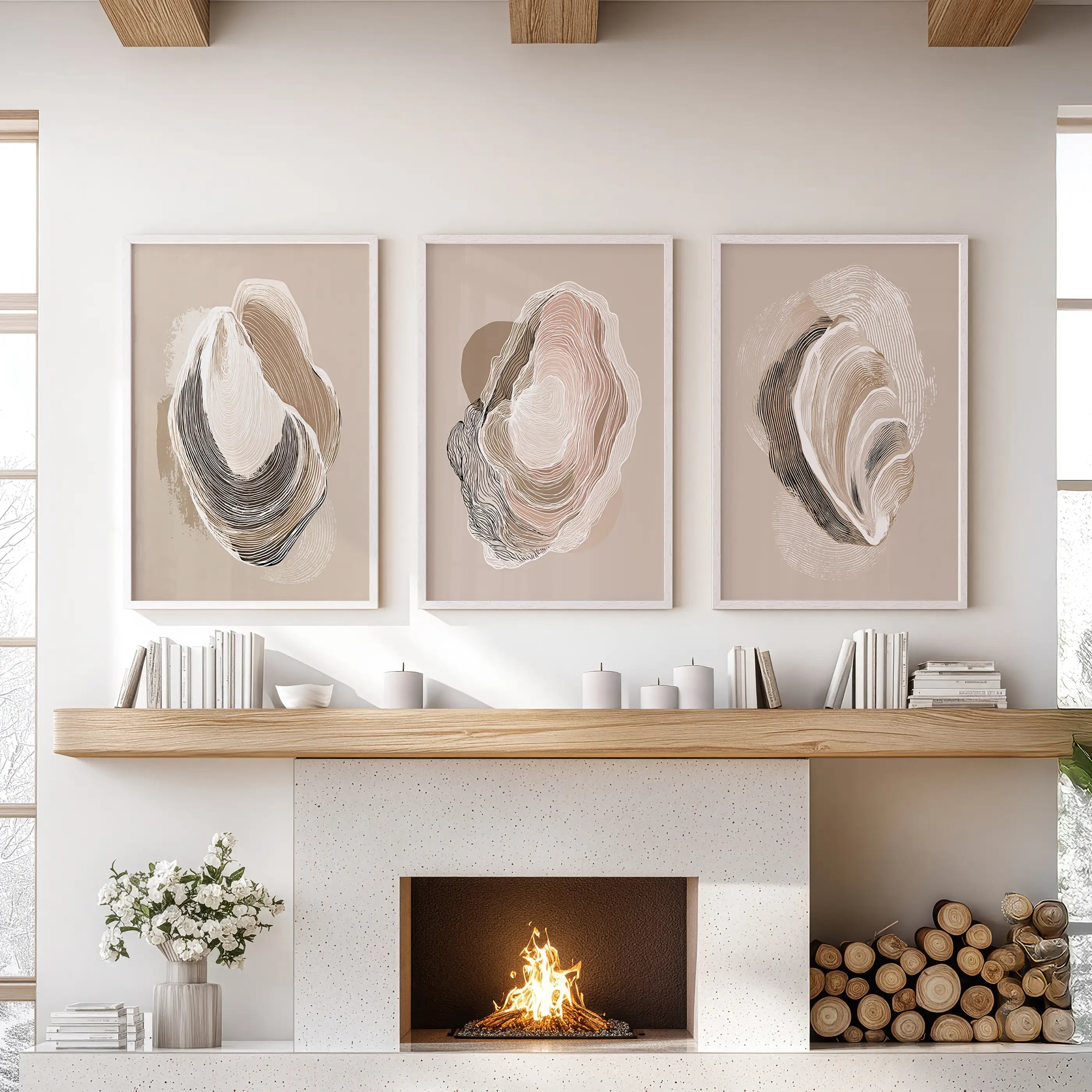 Vintage Oyster Shell Sketch. Minimalist Coastal Wall Art Set