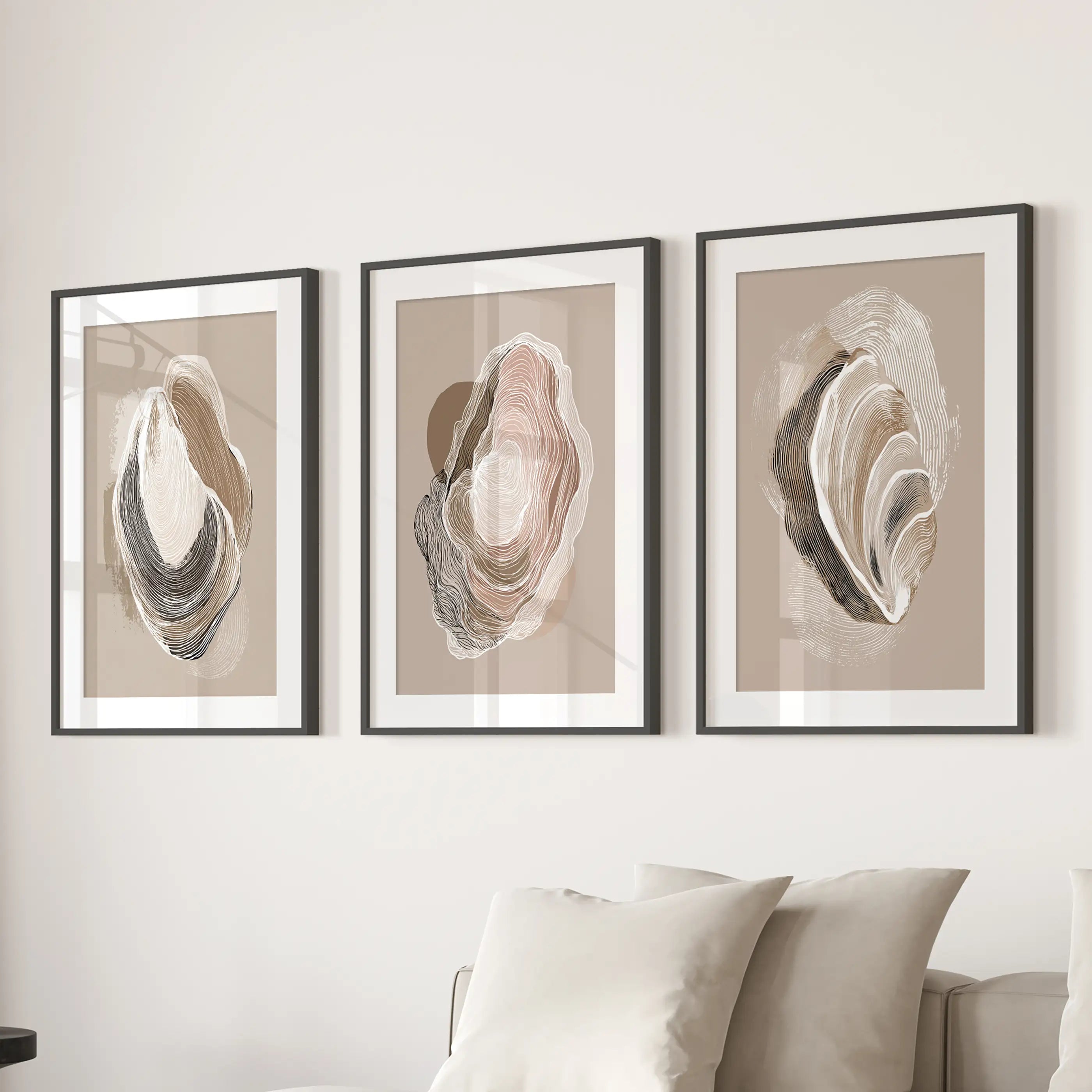 Vintage Oyster Shell Sketch. Minimalist Coastal Wall Art Set