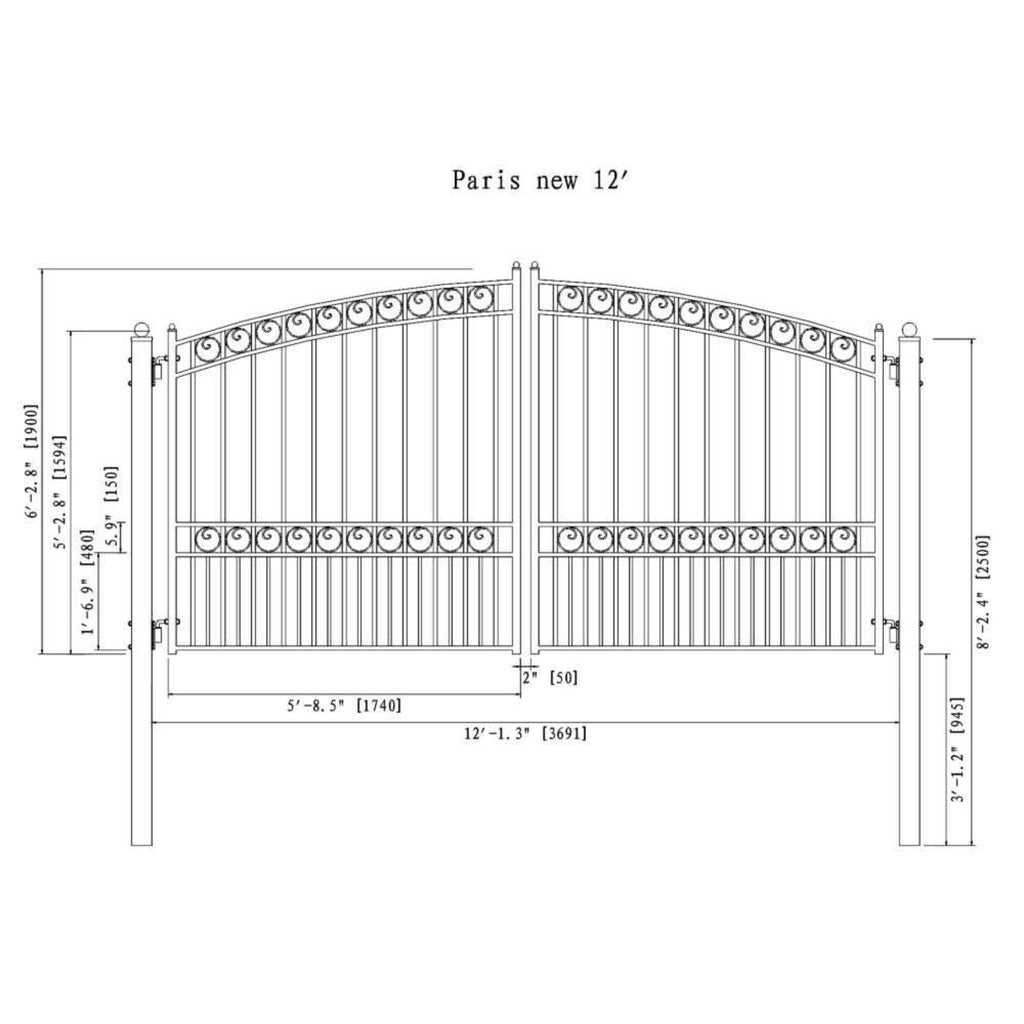 [12-18FT] Heavy-Duty Paris-Style Steel Premium Dual-Swing Driveway Gate (SAK97031)