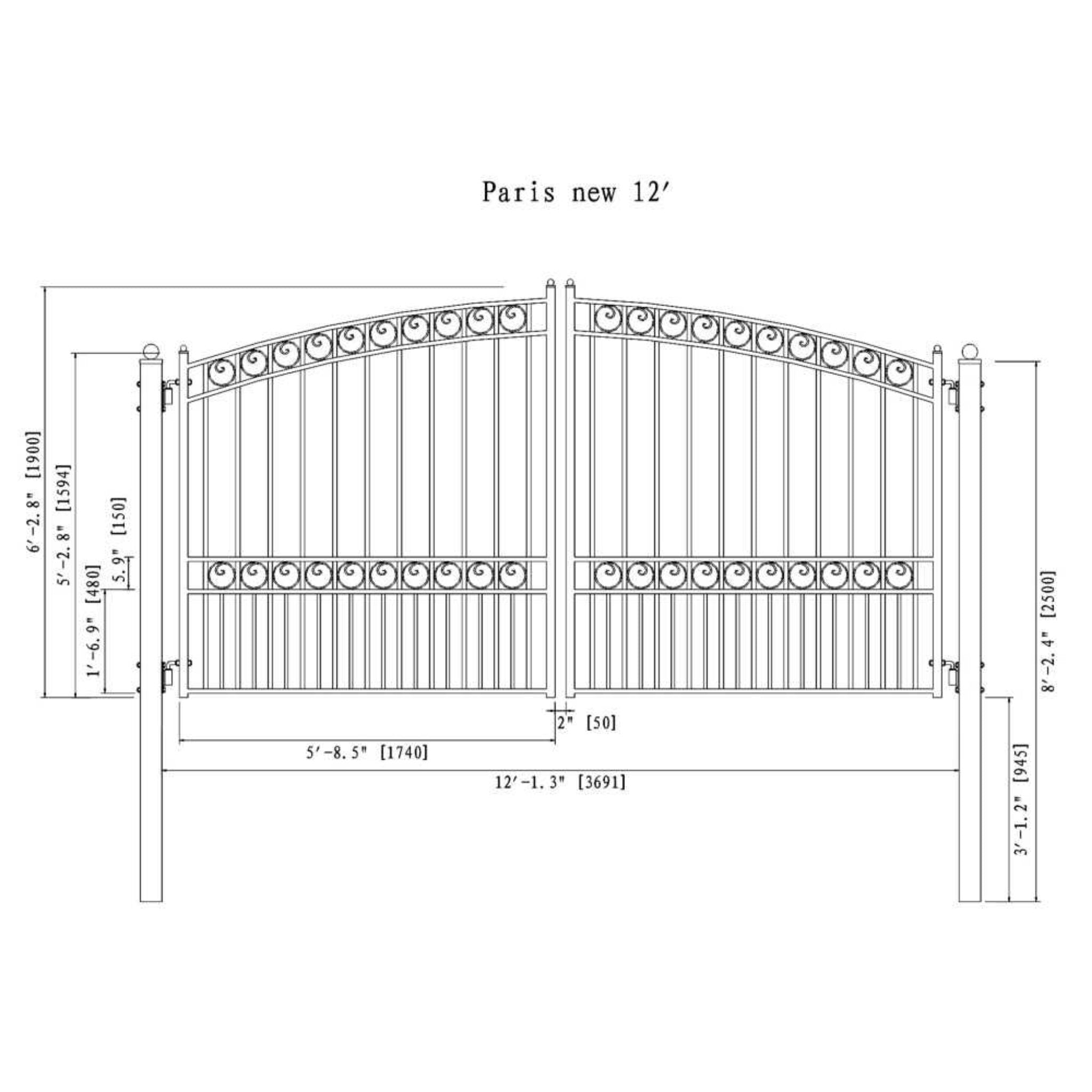 [12-18FT] Heavy-Duty Paris-Style Steel Premium Dual-Swing Driveway Gate (SAK97031)