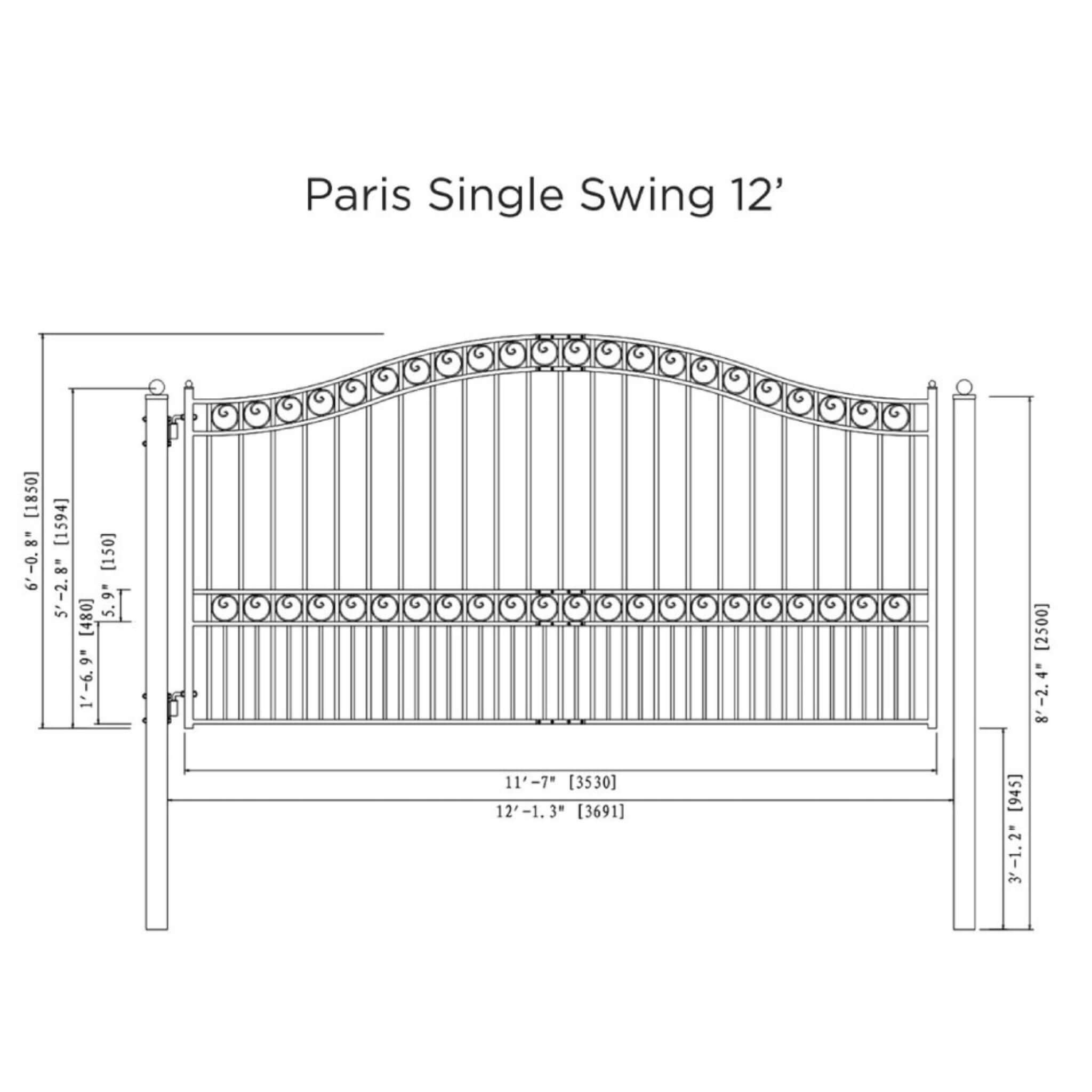 [12-18FT] Heavy-Duty Paris-Style Galvanized Steel Single-Swing Driveway Gate (SAK78643)