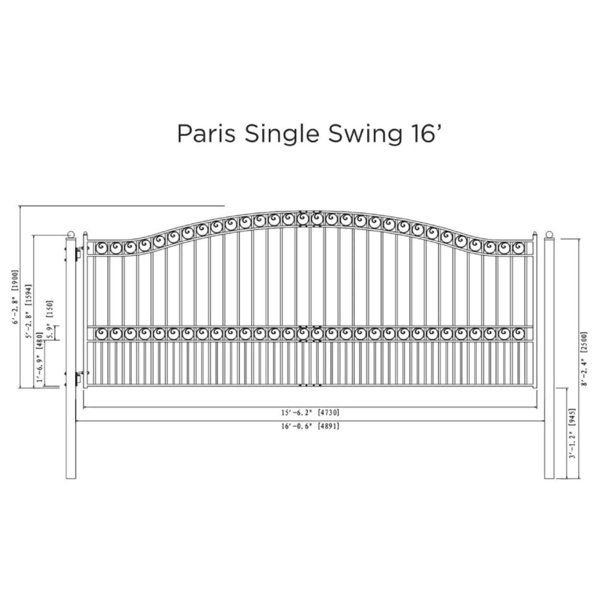 [12-18FT] Heavy-Duty Paris-Style Galvanized Steel Single-Swing Driveway Gate (SAK78643)