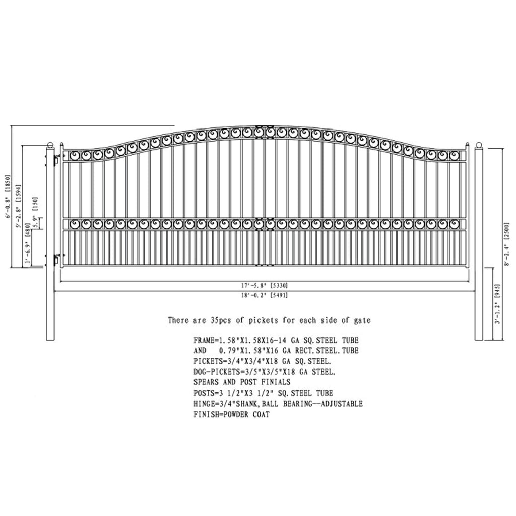 [12-18FT] Heavy-Duty Paris-Style Galvanized Steel Single-Swing Driveway Gate (SAK78643)
