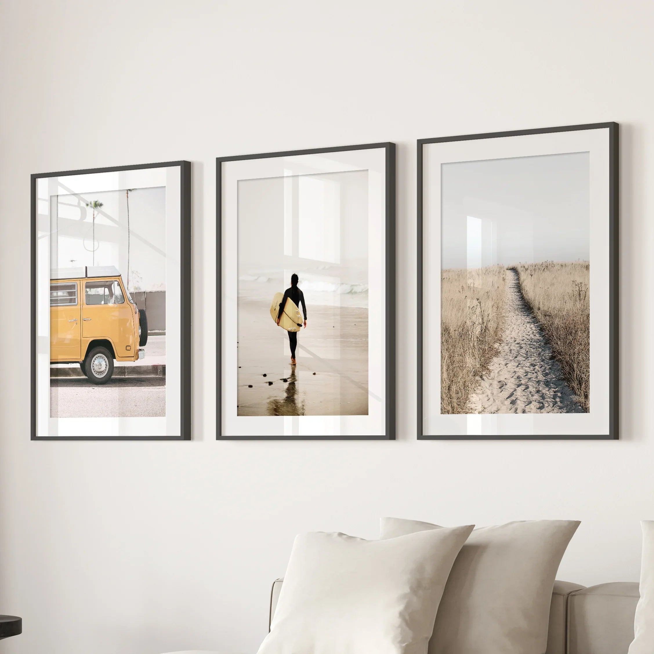 California Beach Set of 3 Prints. Surfer, Retro Van Decor