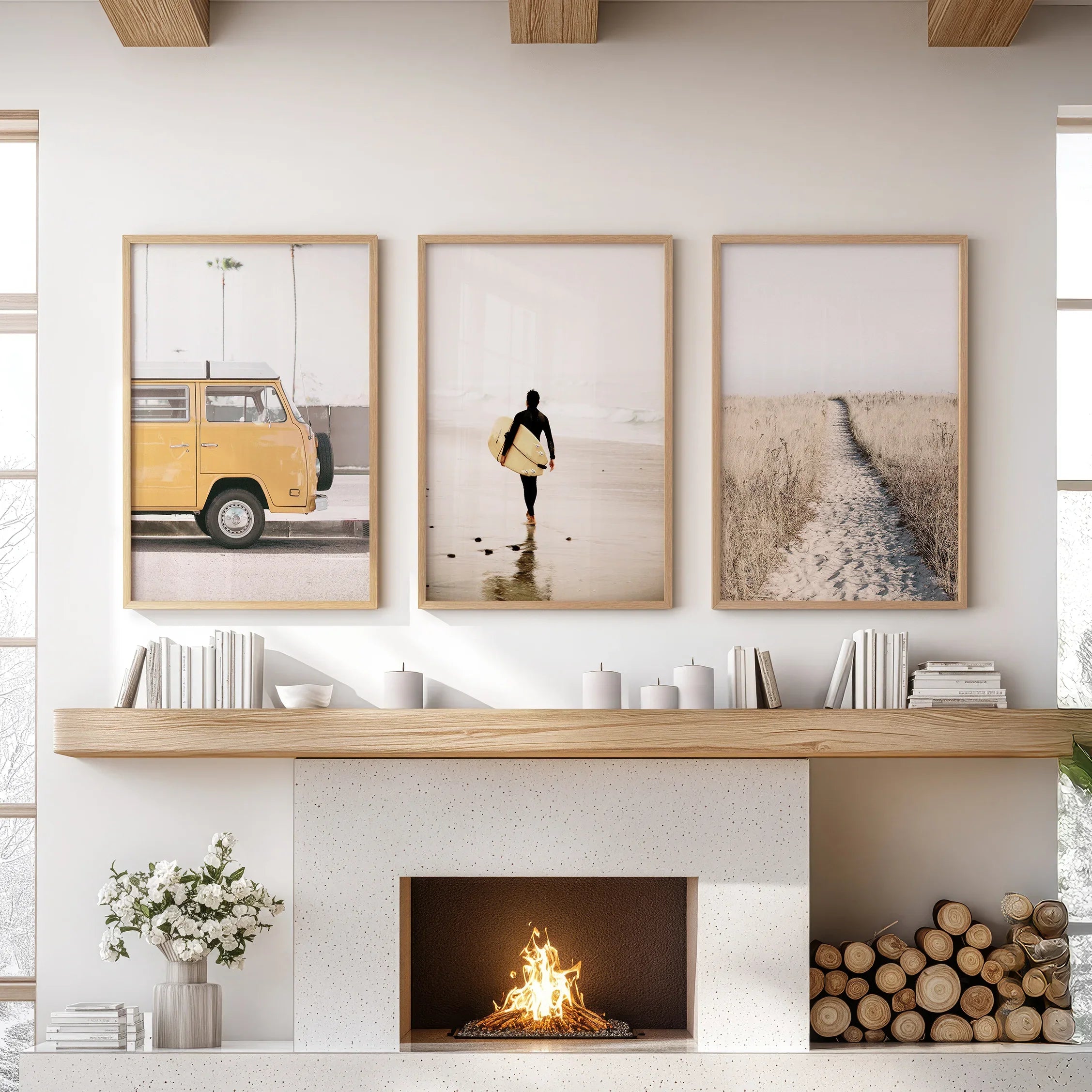 California Beach Set of 3 Prints. Surfer, Retro Van Decor