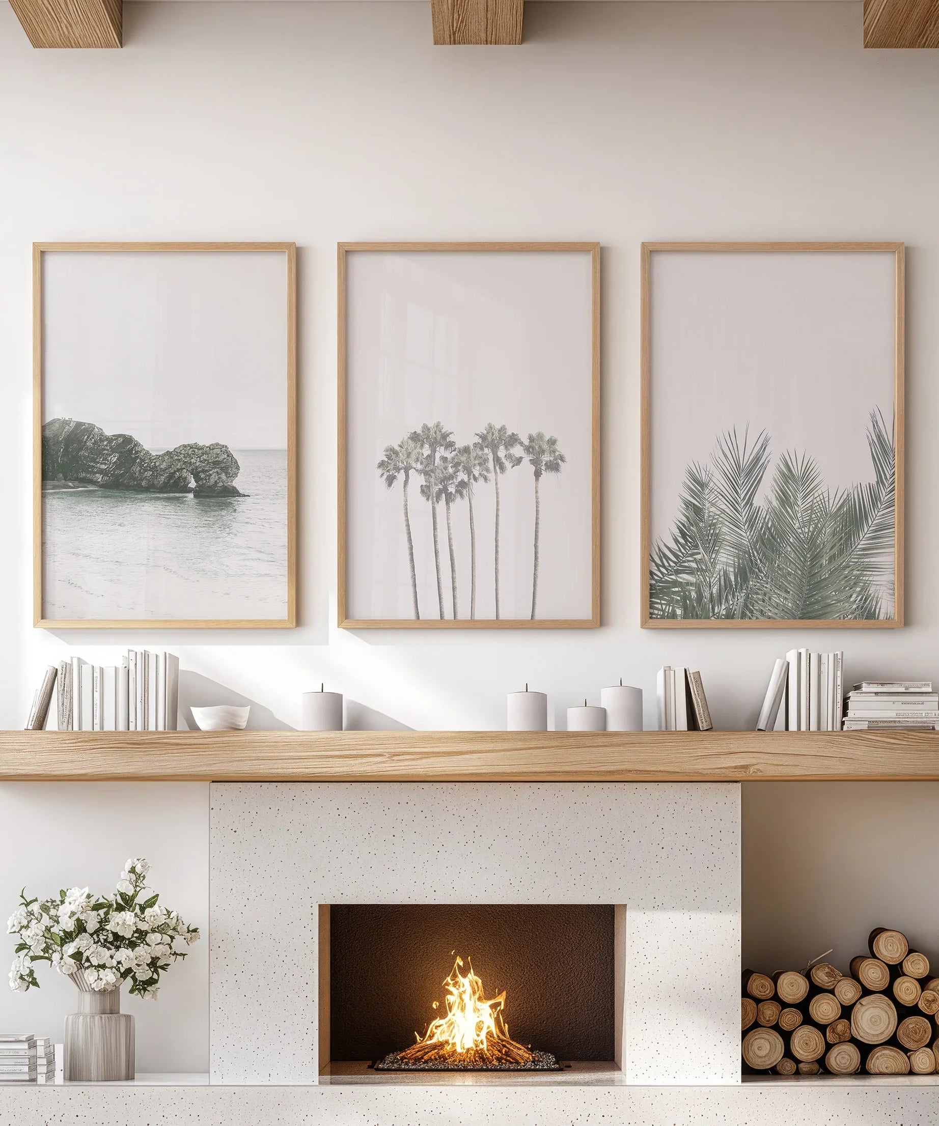 Modern Coastal Wall Art. Ocean Rock, Palms, Tropical Leaf