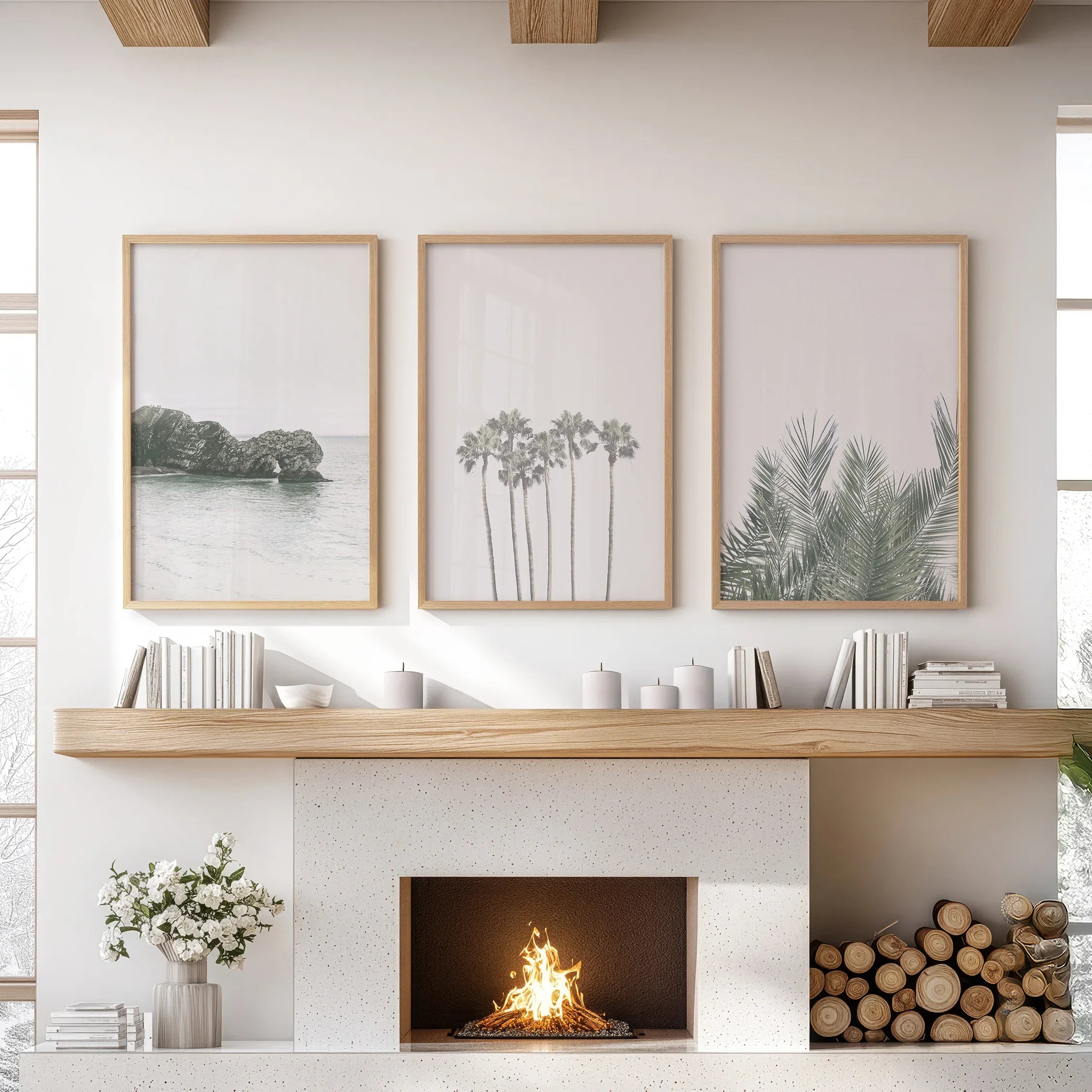 Modern Coastal Wall Art. Ocean Rock, Palms, Tropical Leaf