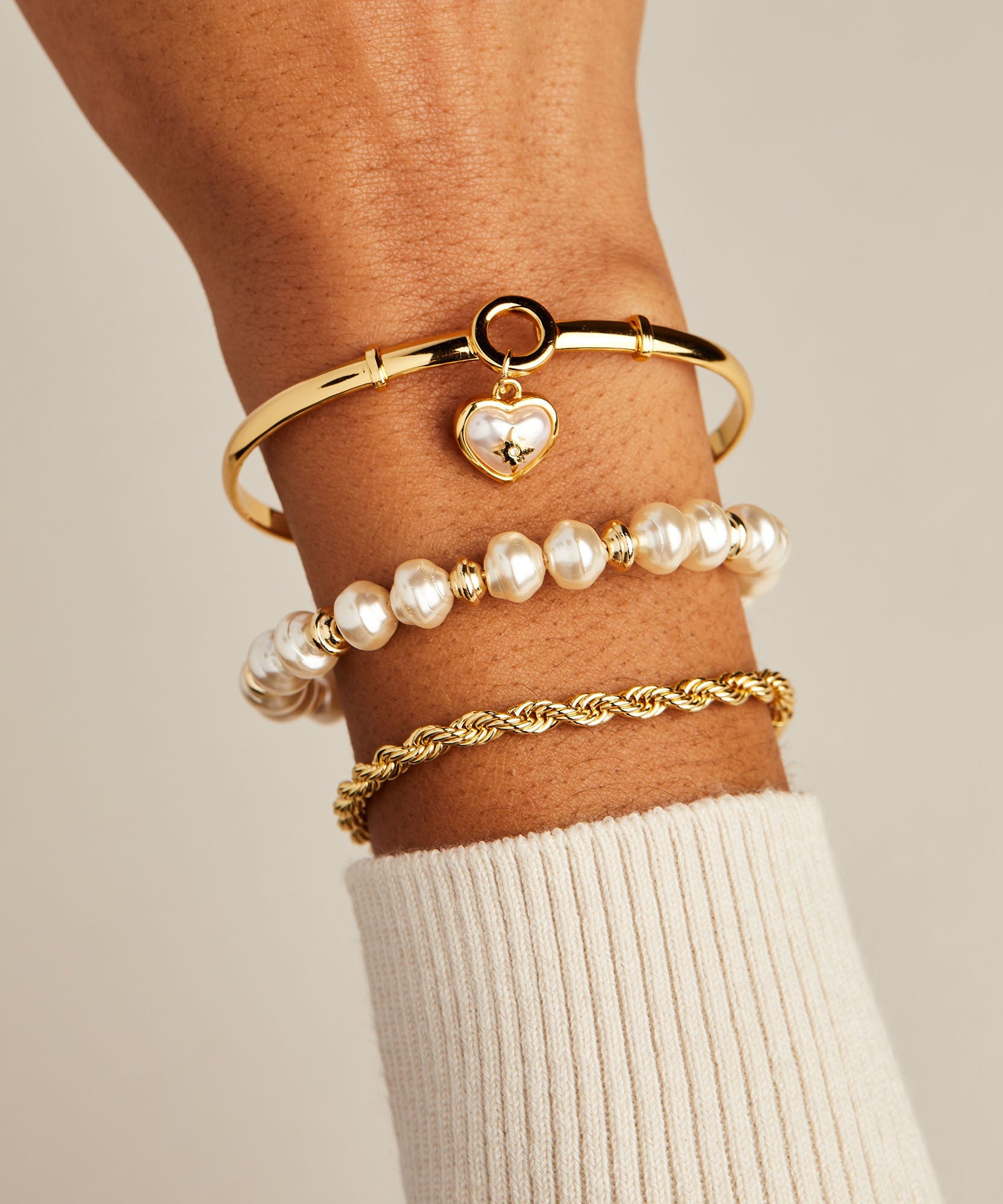 Pearl Heart + Crystal Charm Clip Bangle